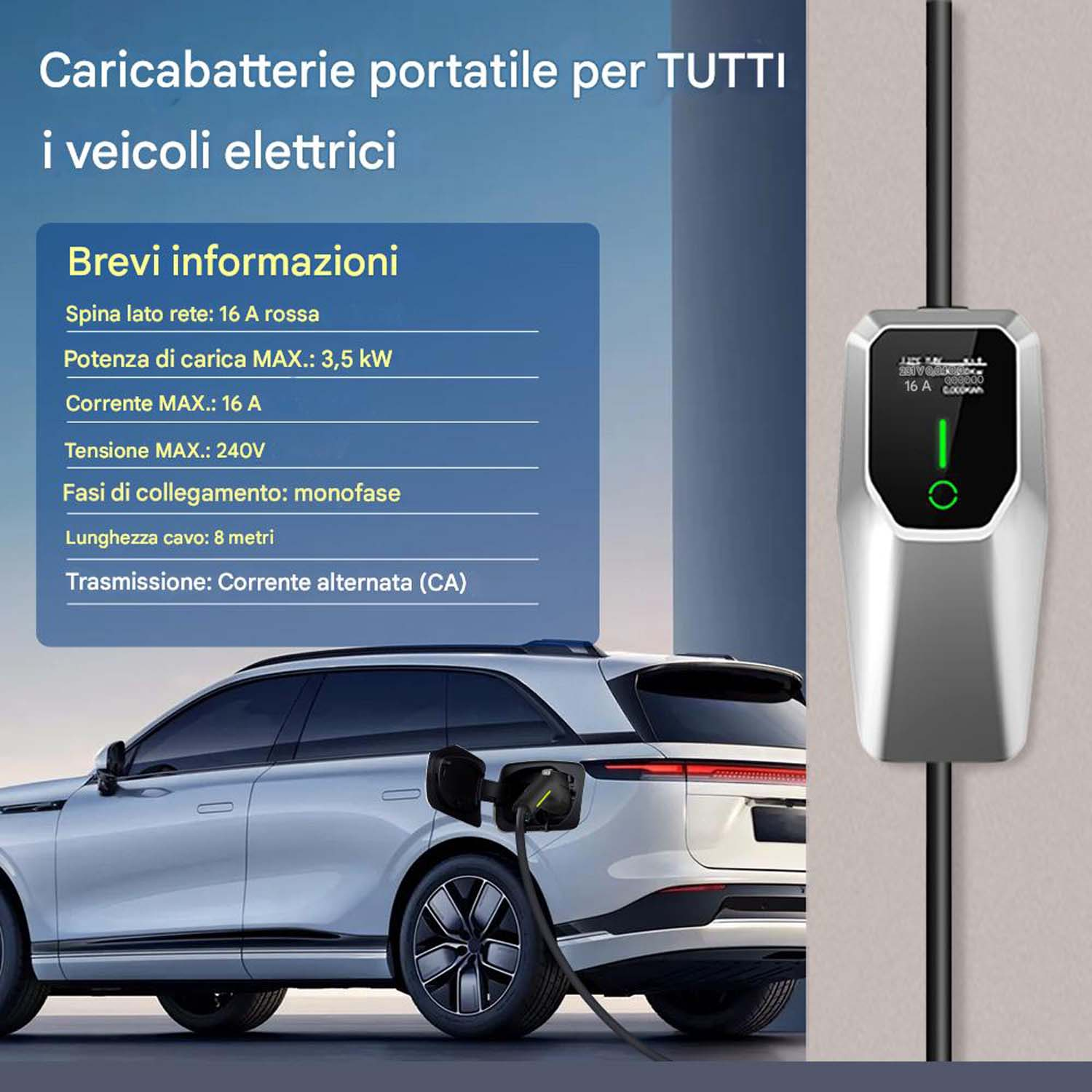 Un'auto elettrica in carica. Un caricatore è collegato all'auto. Le informazioni sul caricatore sono a sinistra.