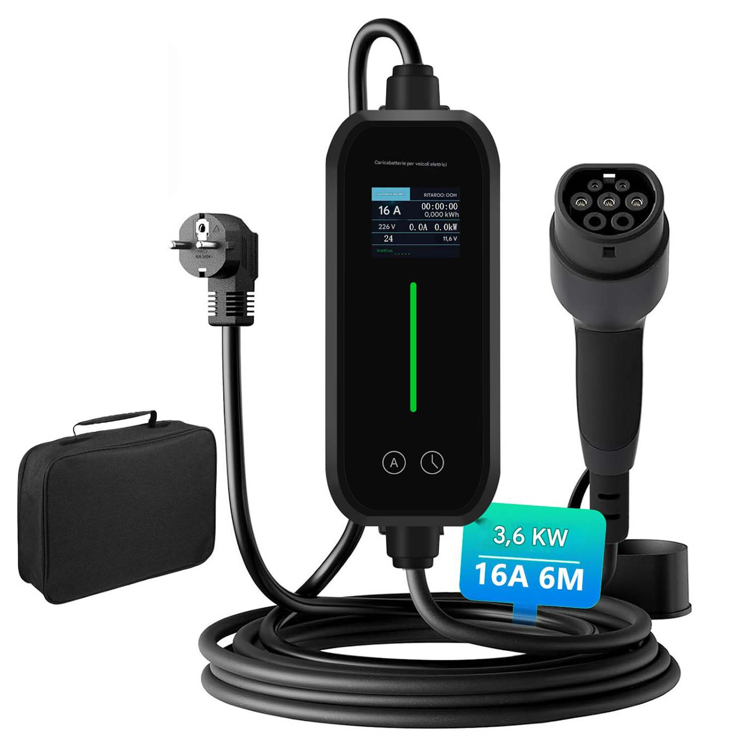 Un caricabatterie per veicoli elettrici con display di stato. Include spina, cavo di ricarica e custodia.