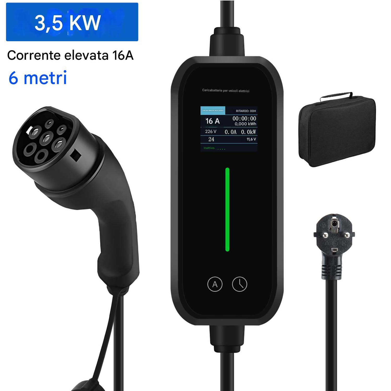Un caricabatterie per veicoli elettrici con display, cavo e spina. Testo indica 3,5 kW, 16 A e 6 metri. Il display mostra lo stato di carica.