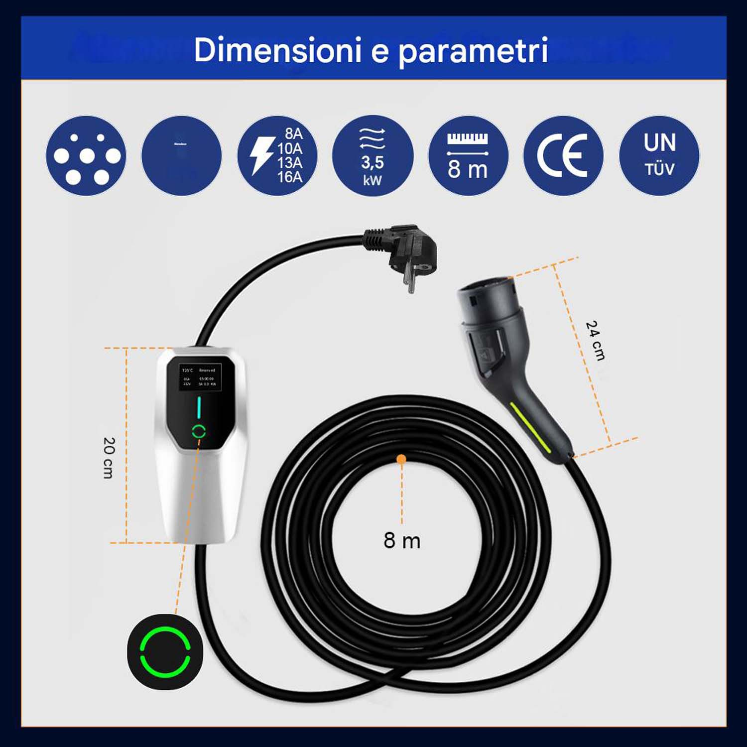 Un caricatore per veicoli elettrici con dimensioni e parametri. Include cavo, connettori e simboli di specifiche.