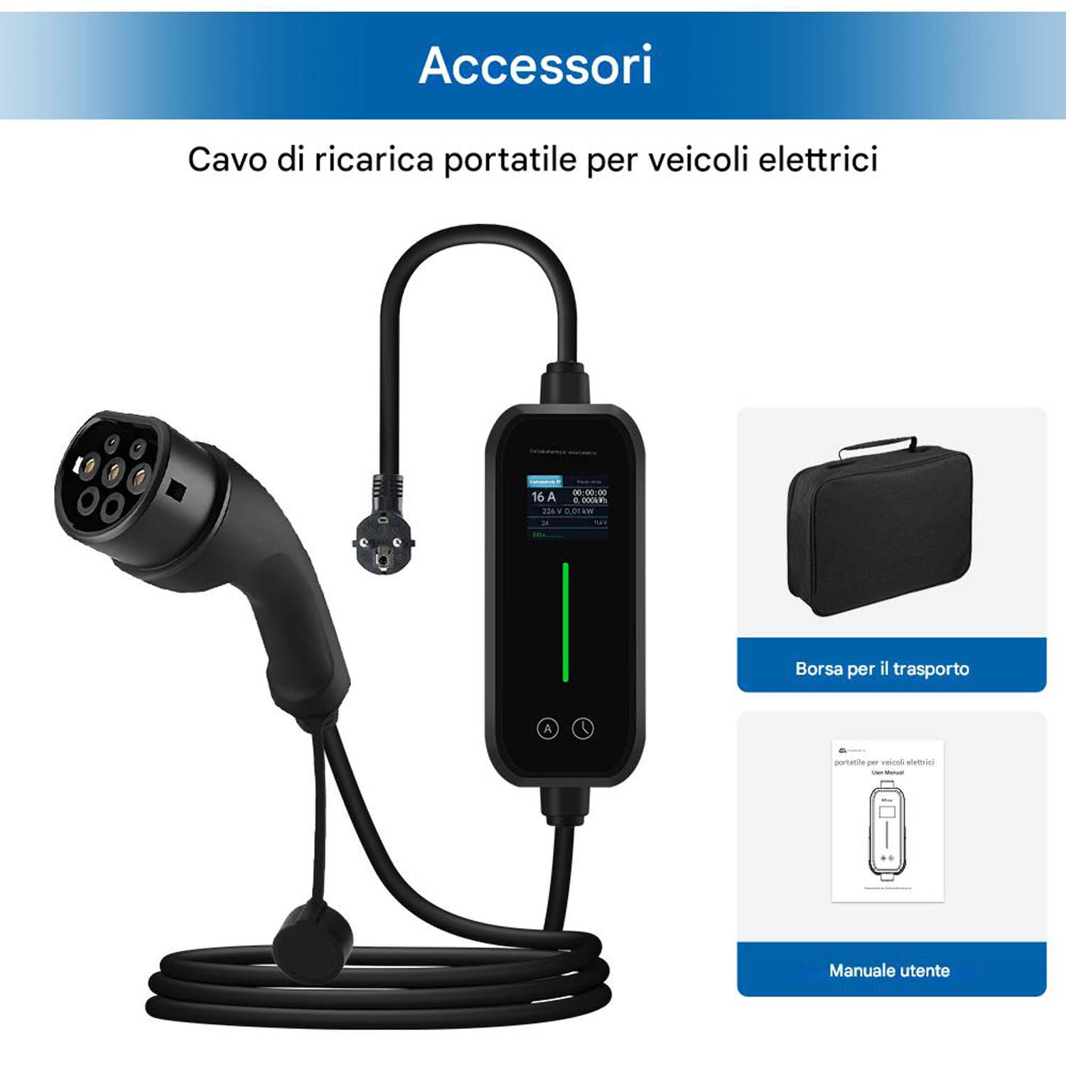 Un caricatore EV con cavo nero e display, con custodia e manuale utente.