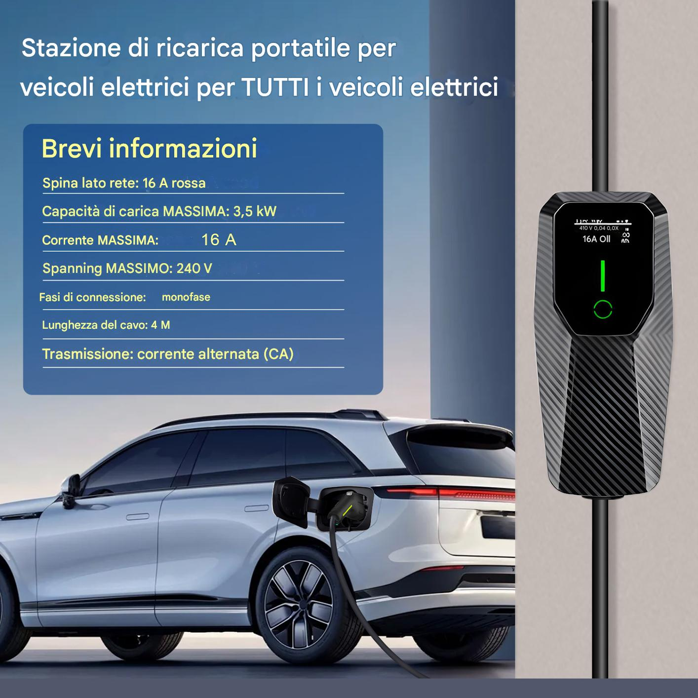 Un'auto elettrica si sta caricando. La stazione di ricarica è a destra. Il testo a sinistra descrive le specifiche di ricarica.