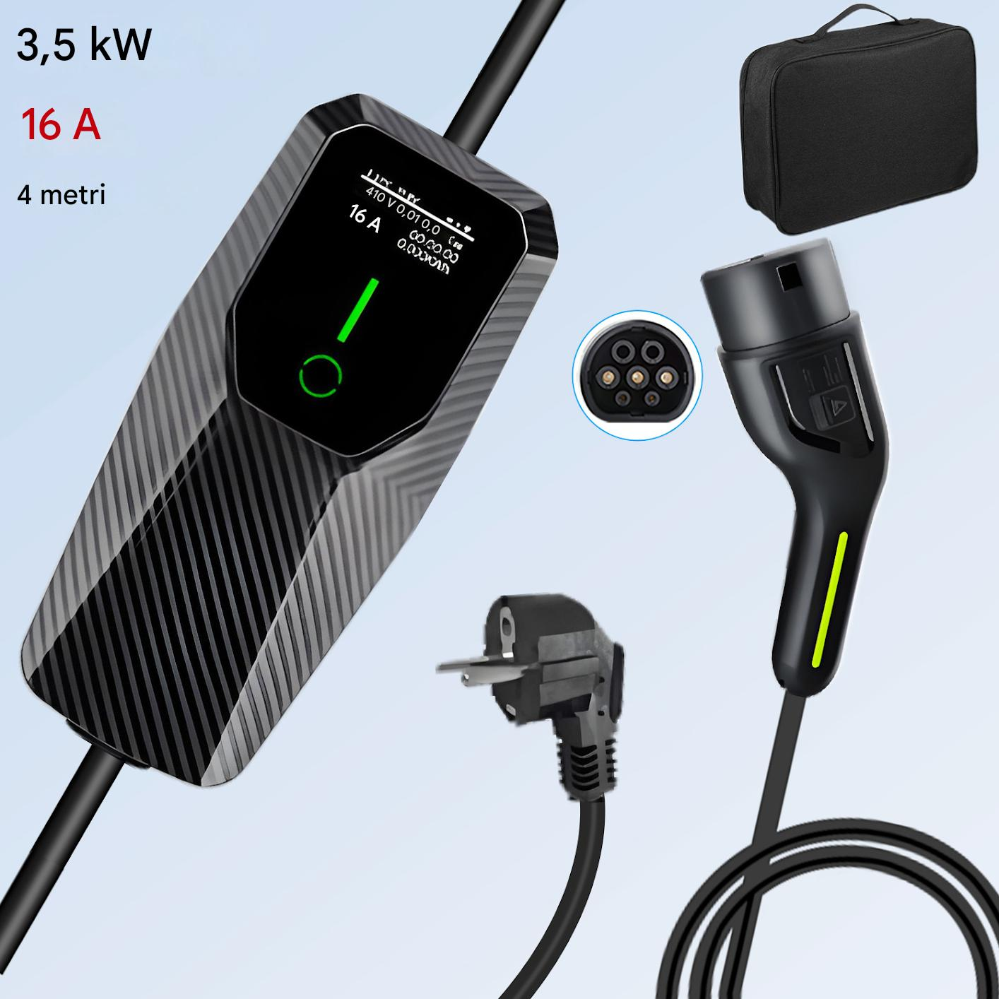 Un cavo di ricarica per auto elettriche, con display digitale e custodia nera.
