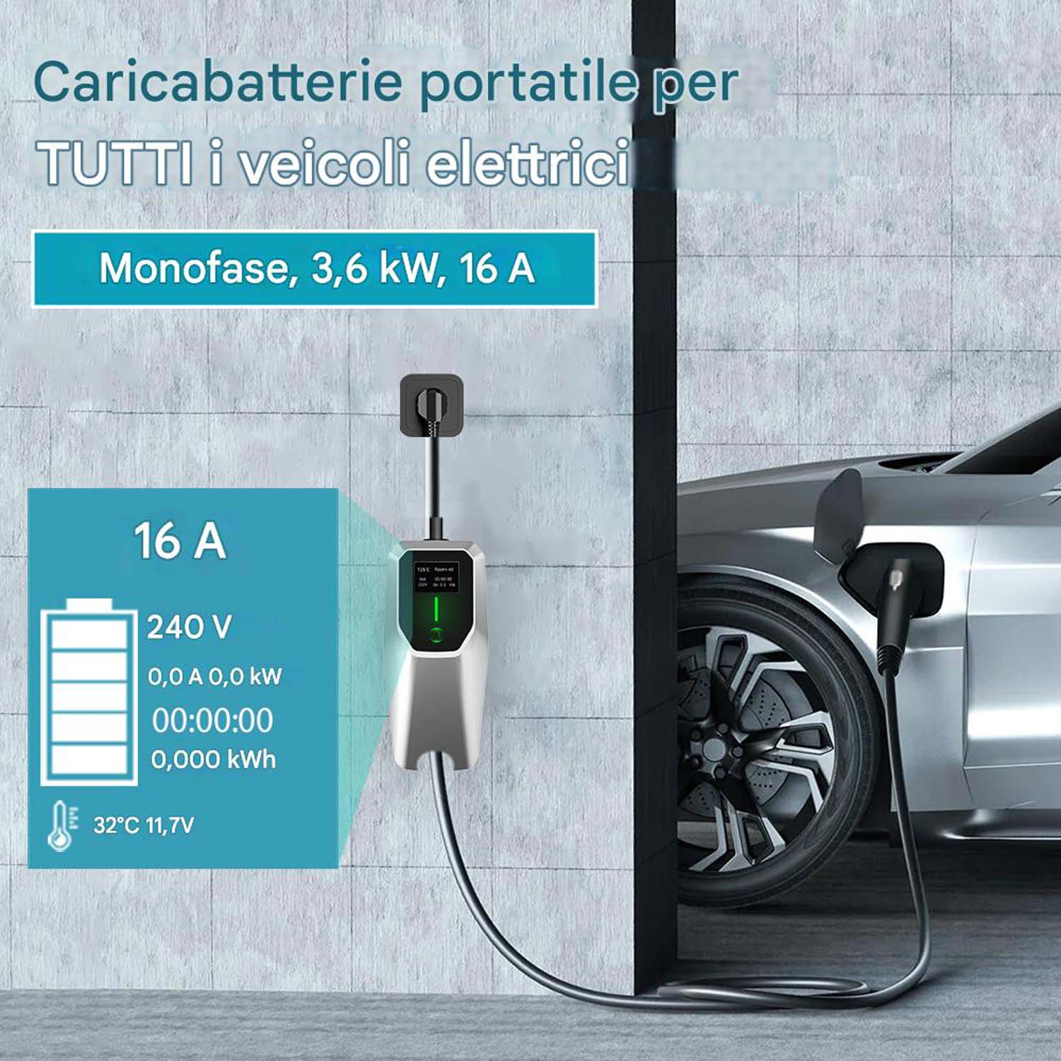 Una stazione di ricarica collegata a un'auto elettrica. Mostra la tensione e il tempo di ricarica. Il testo recita 'Caricabatterie portatile'.