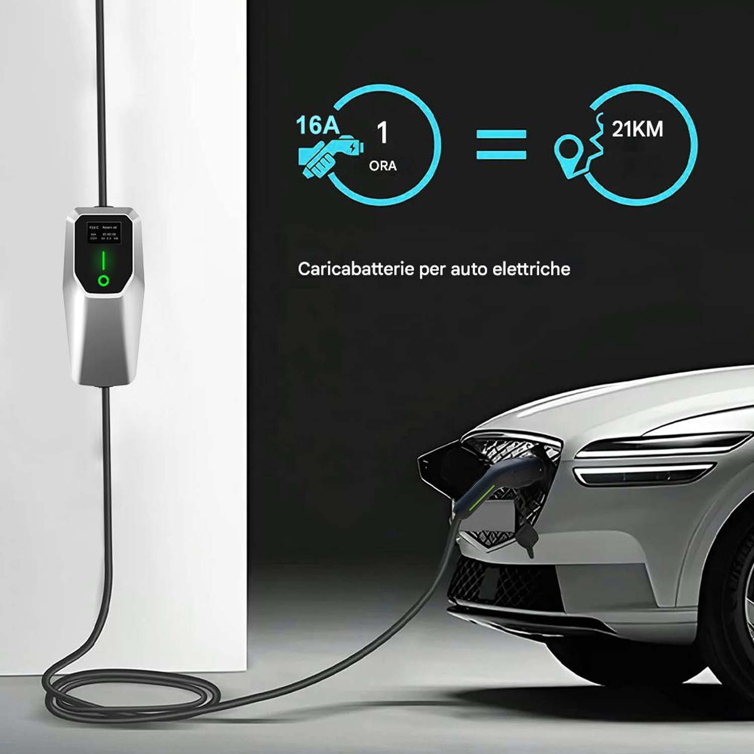 Stazione di ricarica per auto elettriche con cavo collegato a un'auto bianca. Display mostra stato di carica, 16A, 1 ora e 21KM.
