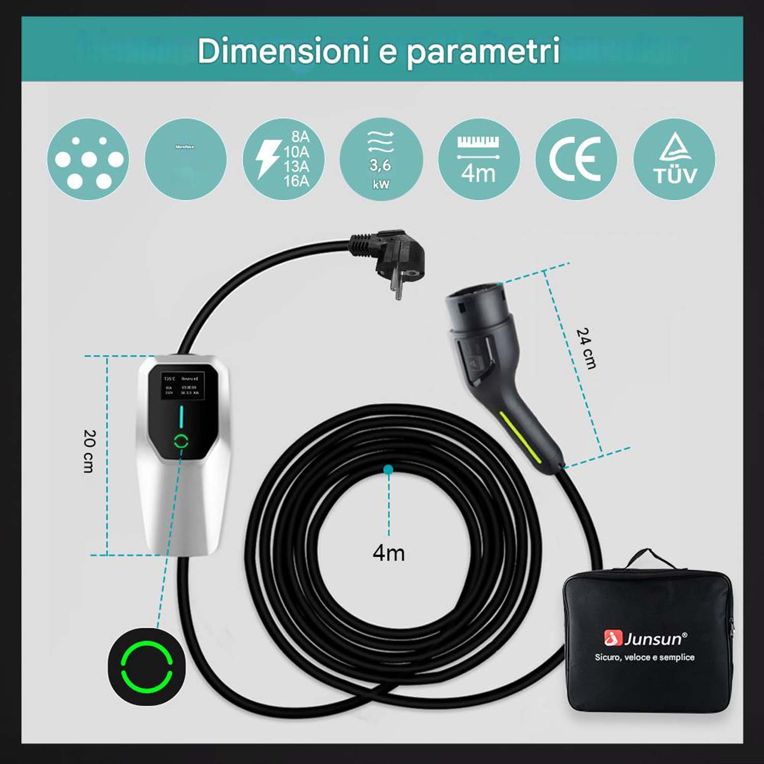 Un caricabatterie per veicoli elettrici con dimensioni. Include stazione di ricarica, cavo, connettore e borsa. Icone informative sullo sfondo.