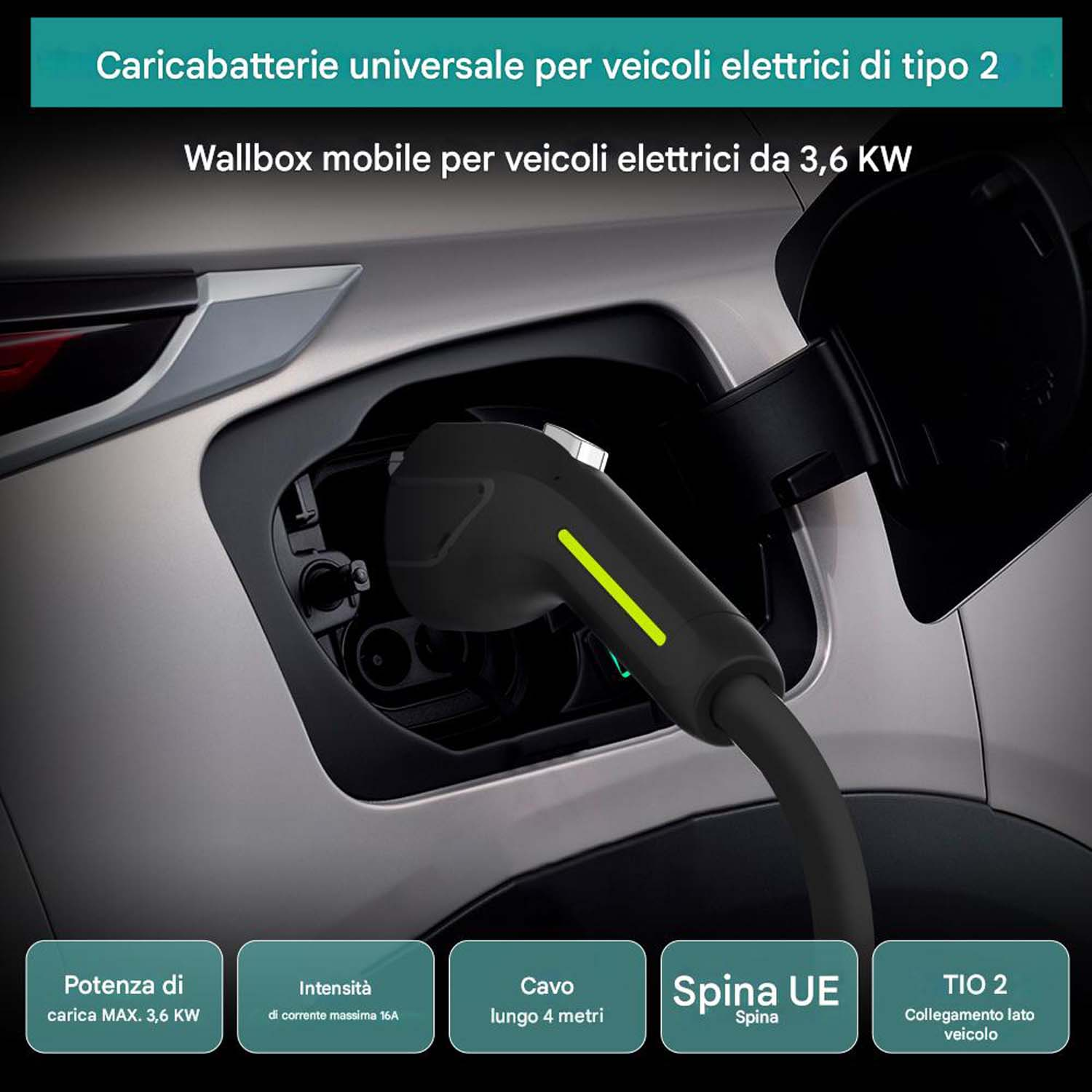 Un'auto elettrica in carica con un cavo nero, collegato all'auto. Testo nell'immagine: Caricabatterie universale per veicoli elettrici.