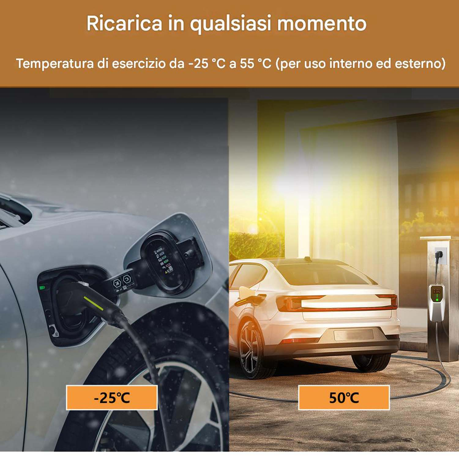 Un'auto elettrica in carica, con un display della gamma di temperature da -25°C a 50°C. Un'auto si sta caricando, l'altra è collegata.