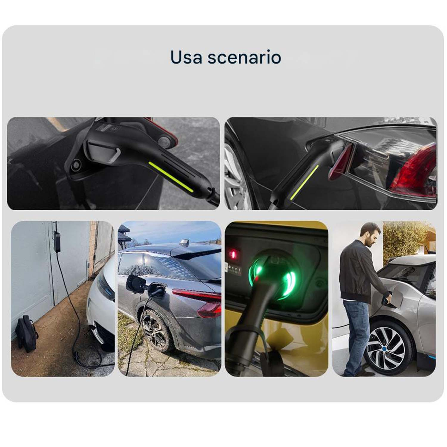 Immagini che mostrano la ricarica di un'auto elettrica. Vari scenari con cavi di ricarica collegati alle auto. Un uomo carica l'auto.