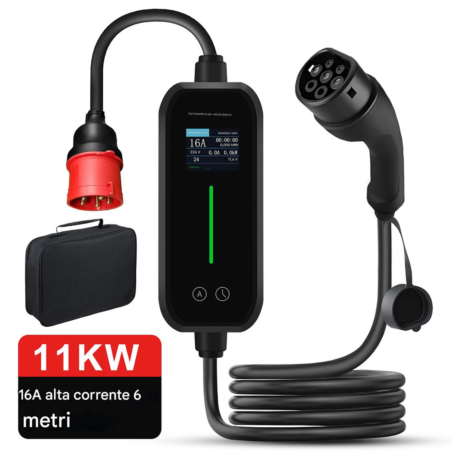 Un caricabatterie per veicoli elettrici con cavo e connettore neri, spina rossa, schermo con informazioni di ricarica e custodia nera.