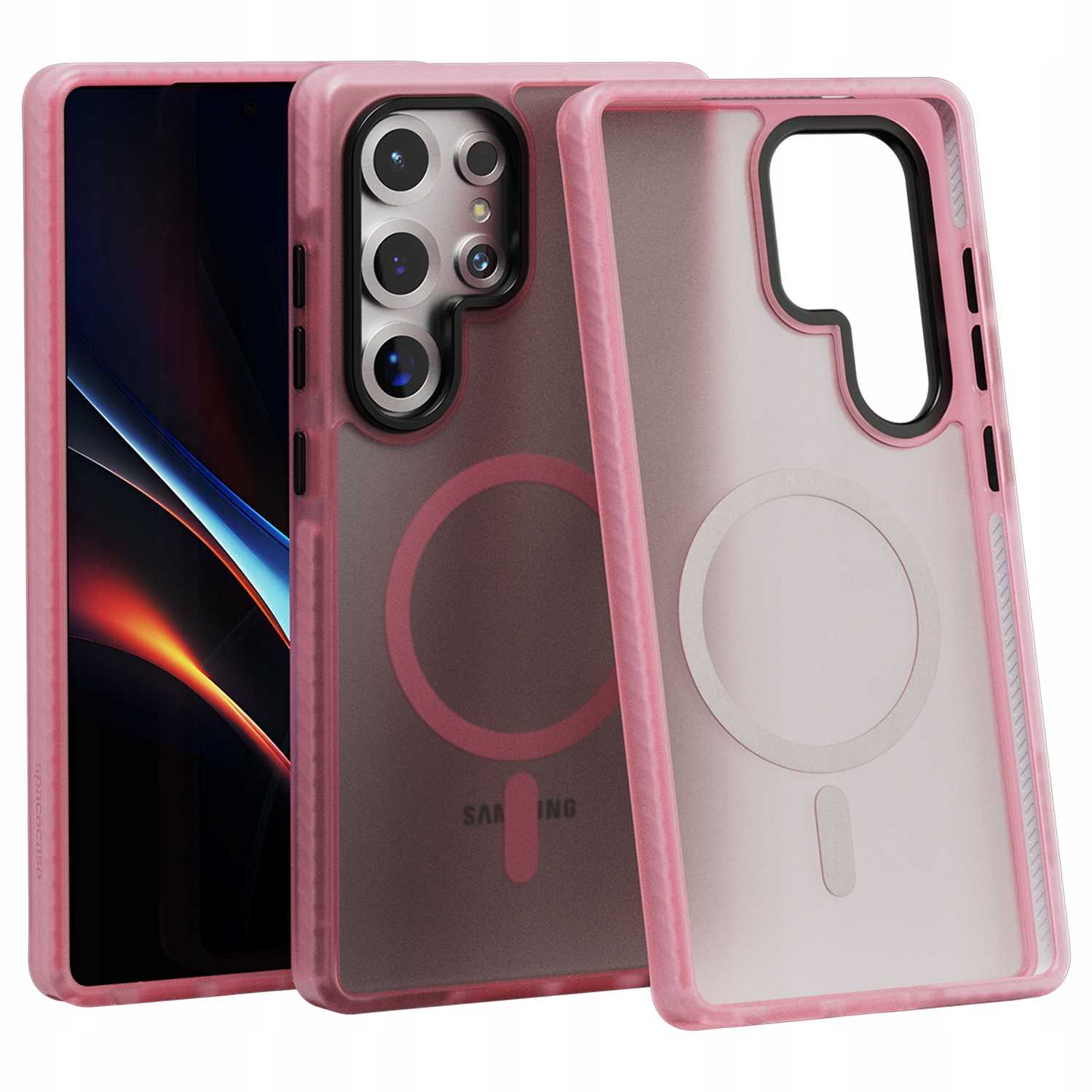 Różowe etui na smartfon. Etui jest przezroczyste z różowymi obramowaniami i magnetycznym pierścieniem z tyłu.