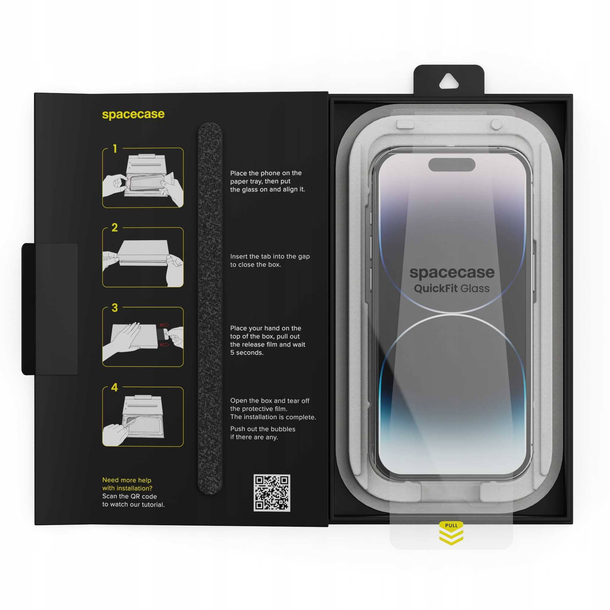 Pudełko z ochraniaczem ekranu z instrukcją. Zawiera kroki dotyczące wyrównywania ochraniacza i usuwania folii ochronnej.