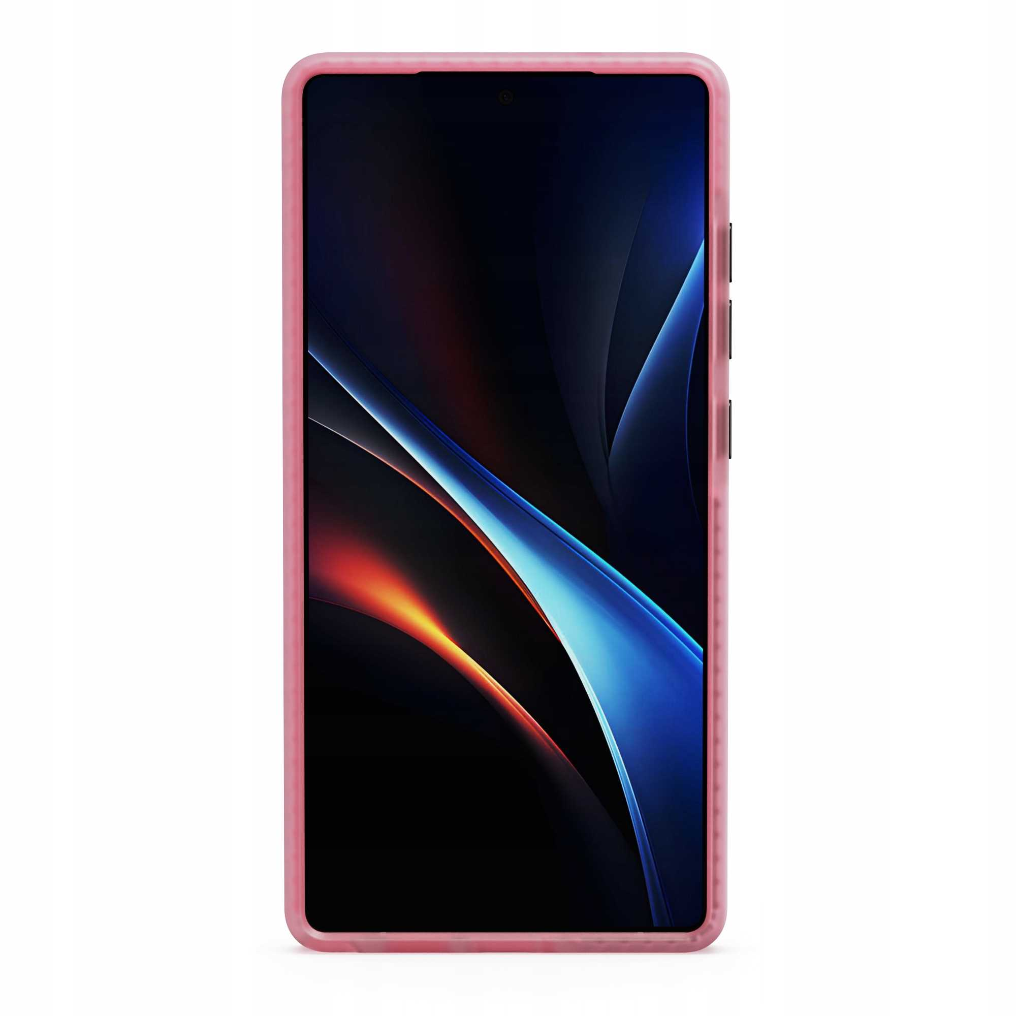 Smartfon w różowym etui. Ekran wyświetla kolorowy, abstrakcyjny wzór z odcieniami niebieskiego, pomarańczowego i czarnego.