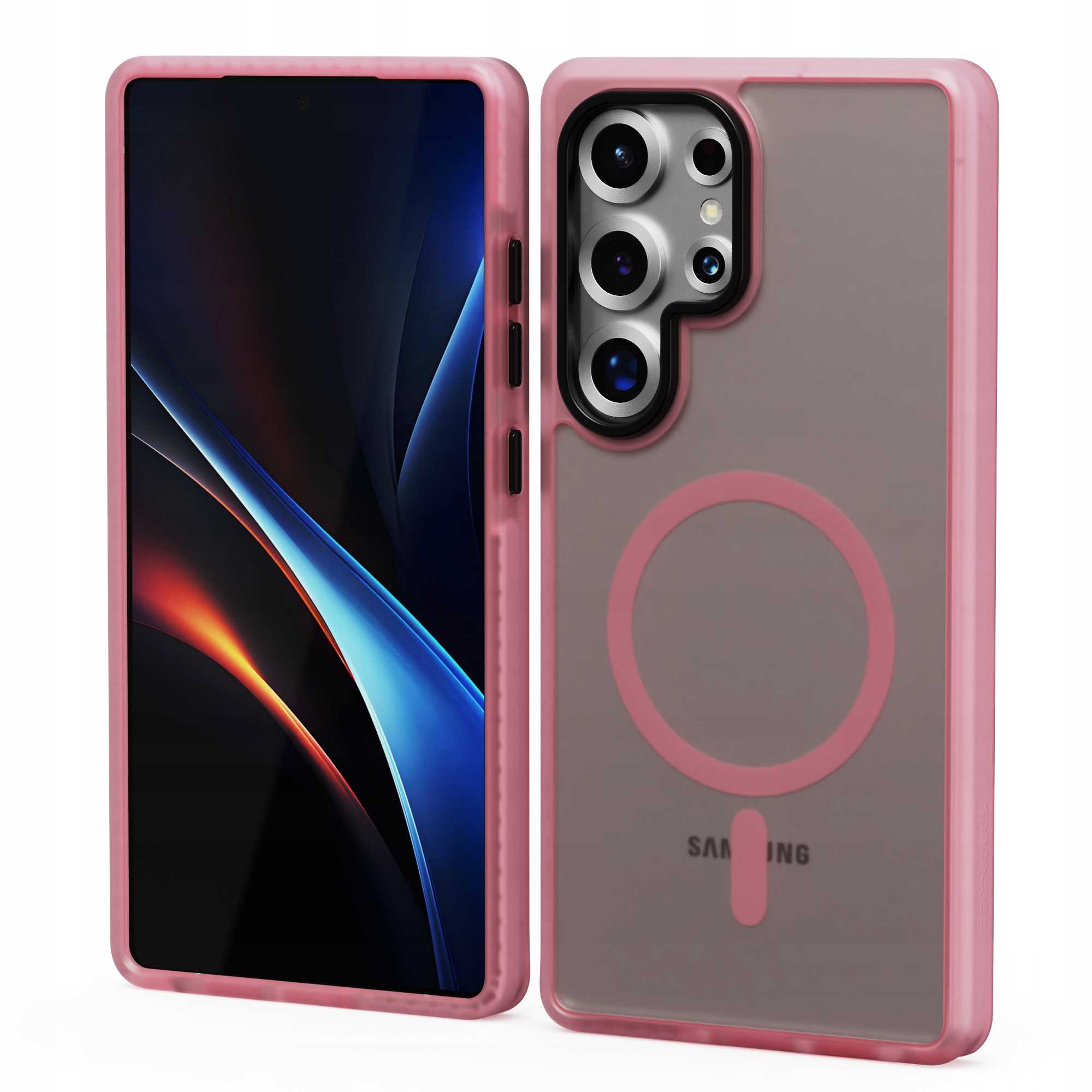Telefon w różowym etui. Ekran pokazuje niebiesko-pomarańczowy design. Etui ma przezroczysty tył z różowym okręgiem.