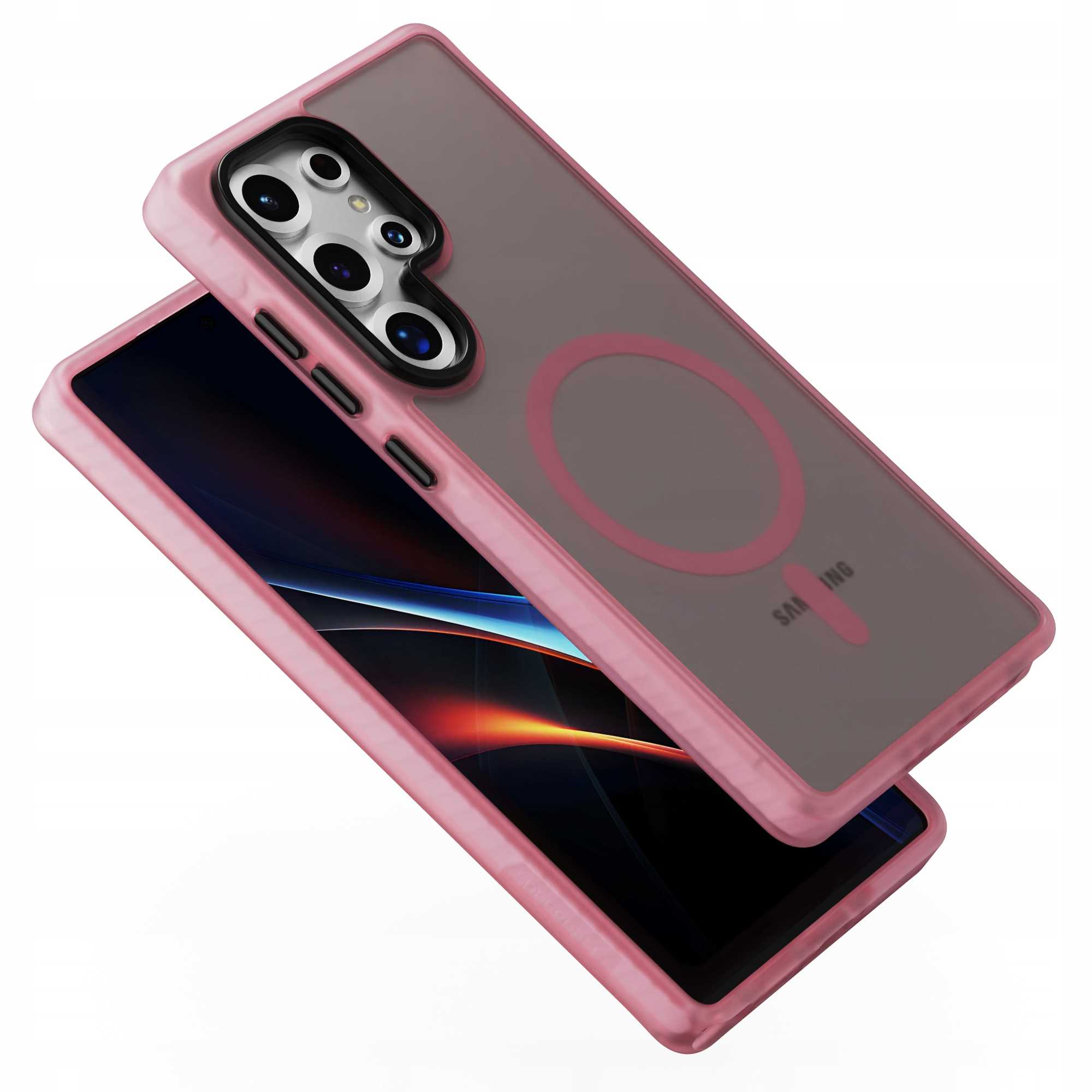 Różowe etui na telefon z przezroczystym tyłem i czarnym ekranem. Etui ma magnetyczny pierścień. Logo Samsung z tyłu.