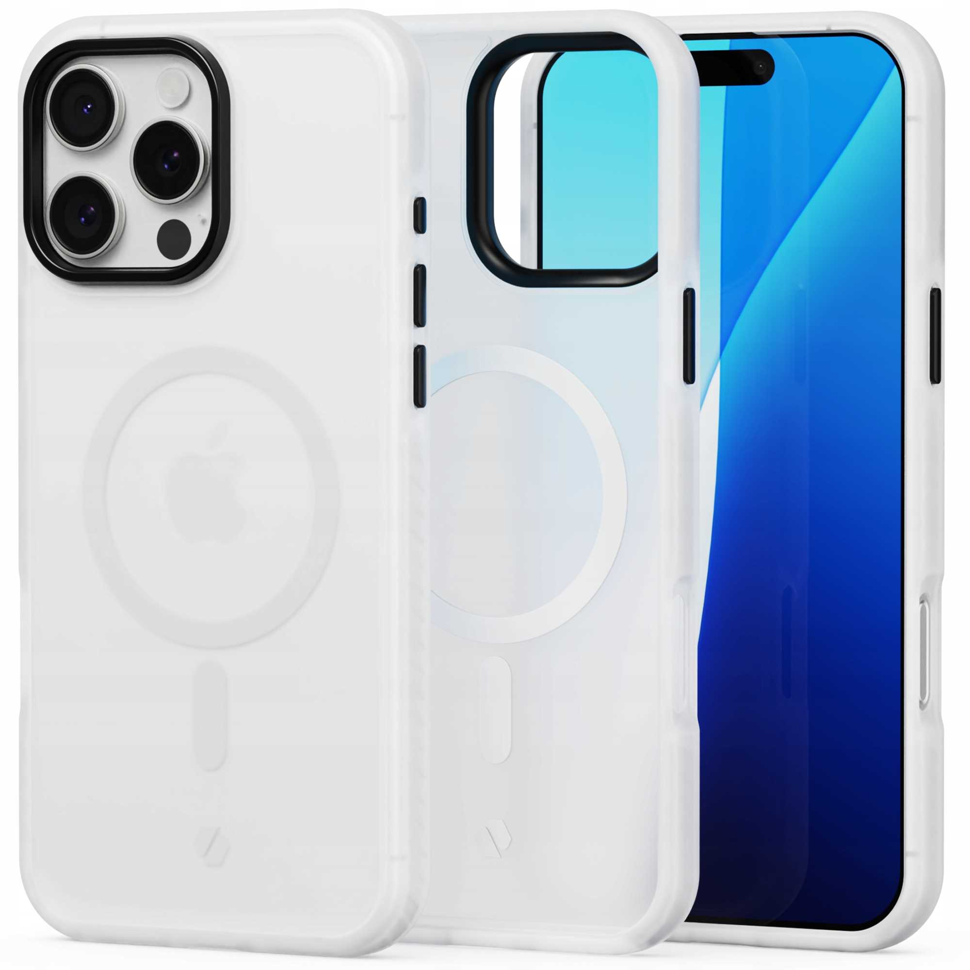 Trzy przezroczyste etui na telefon z telefonem w środku. Etui są białe, telefon ma niebieski ekran i czarną kamerę.