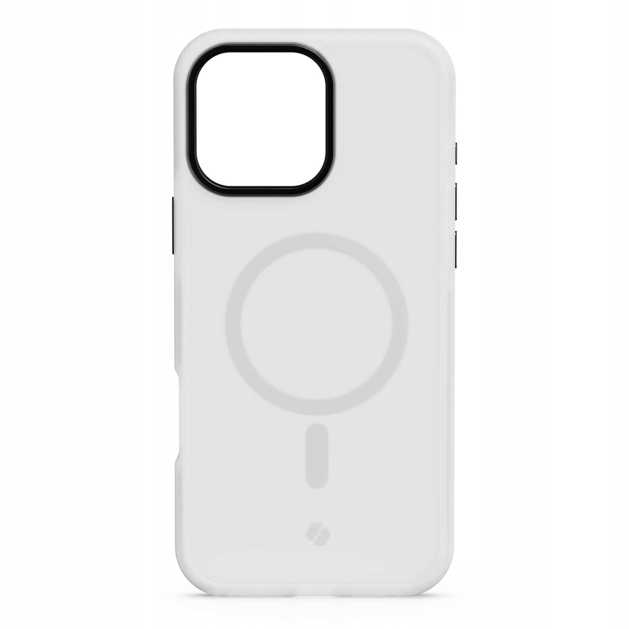 Białe etui na telefon z czarnym wycięciem na aparat. Z tyłu znajduje się okrągły i kreskowy wzór. Etui jest puste.