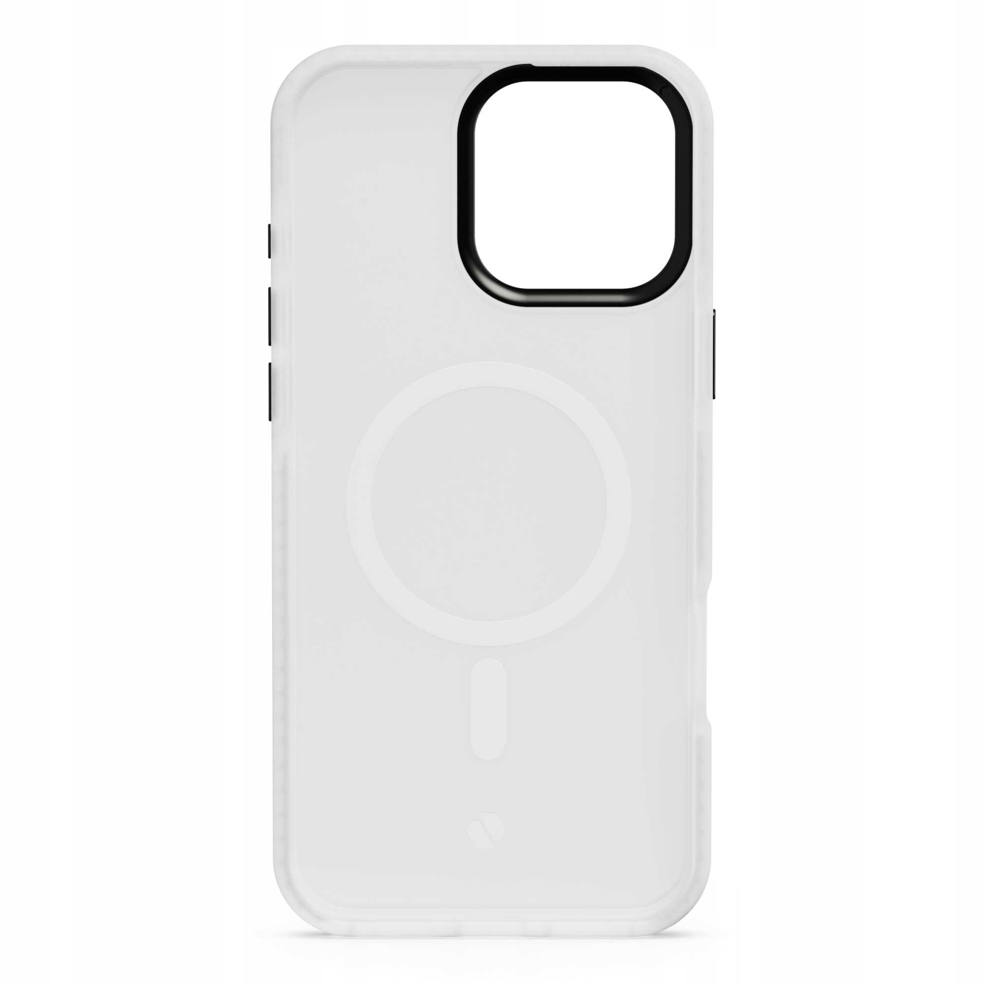 Białe etui na telefon z czarnym wycięciem na aparat. Ma okrągły wzór na środku i mały znak na dole.