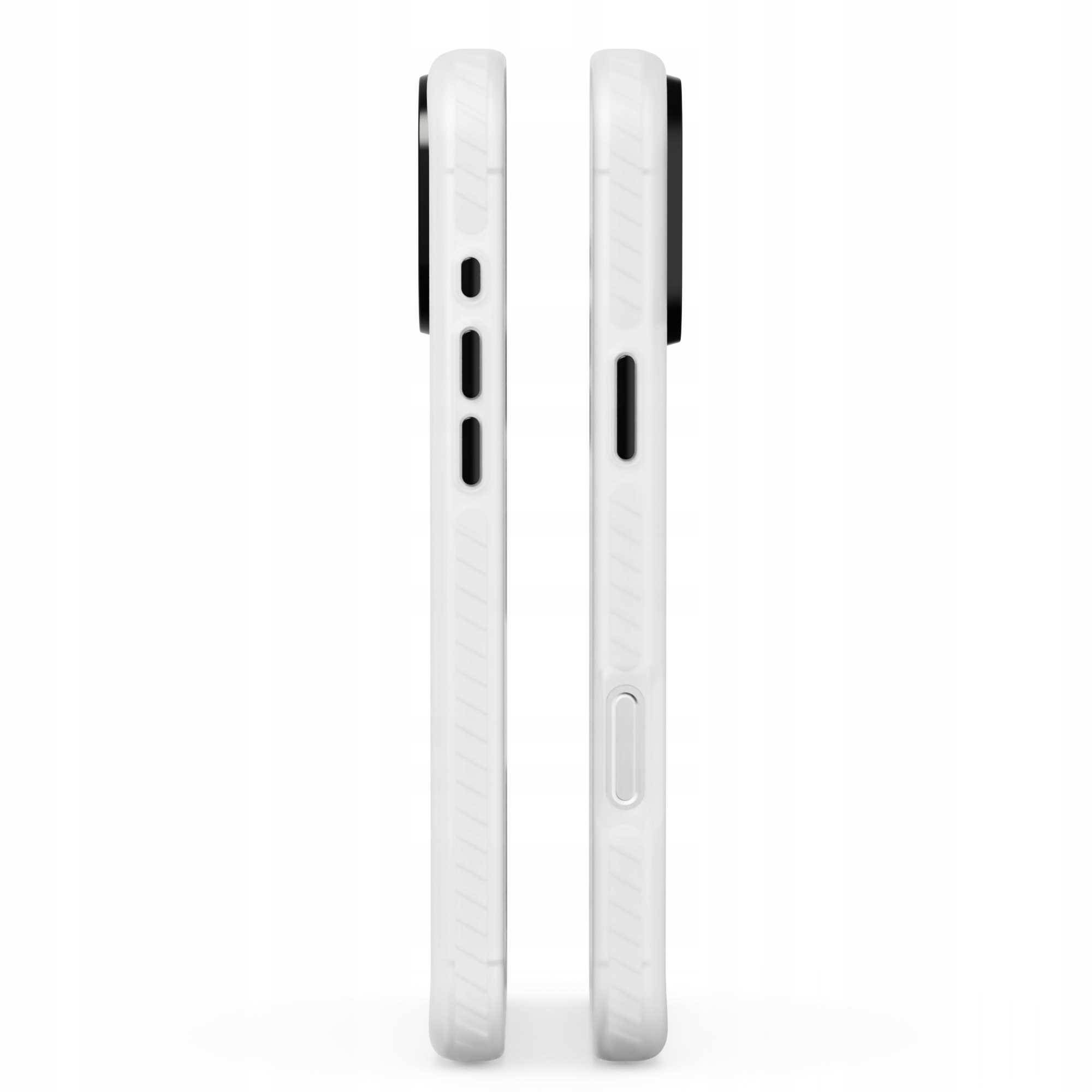 Dwa białe etui na telefon obok siebie. Jedno ma przyciski, drugie port ładowania. Czarne obudowy aparatu.