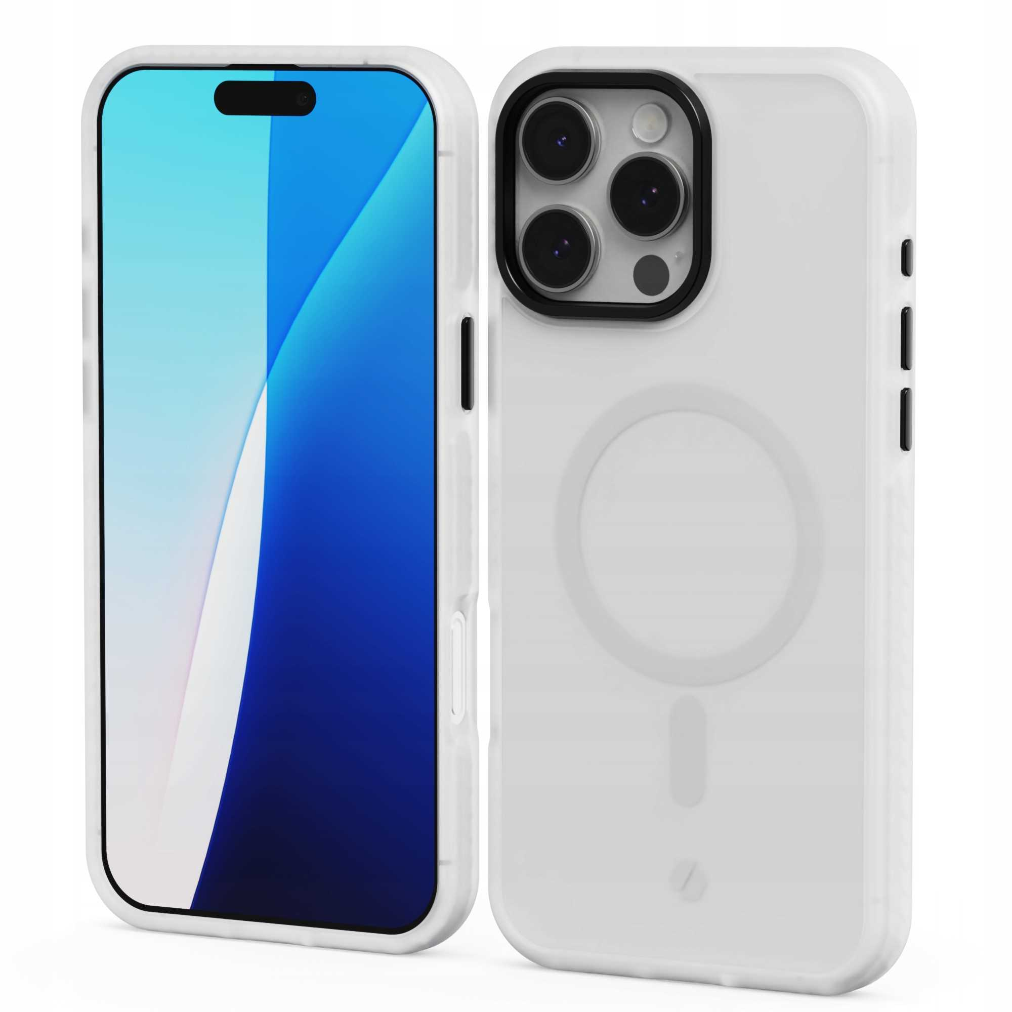 Dwa smartfony, jeden wyświetla niebiesko-biały obraz, drugi tył z obiektywami aparatu. Oba w białych obudowach.