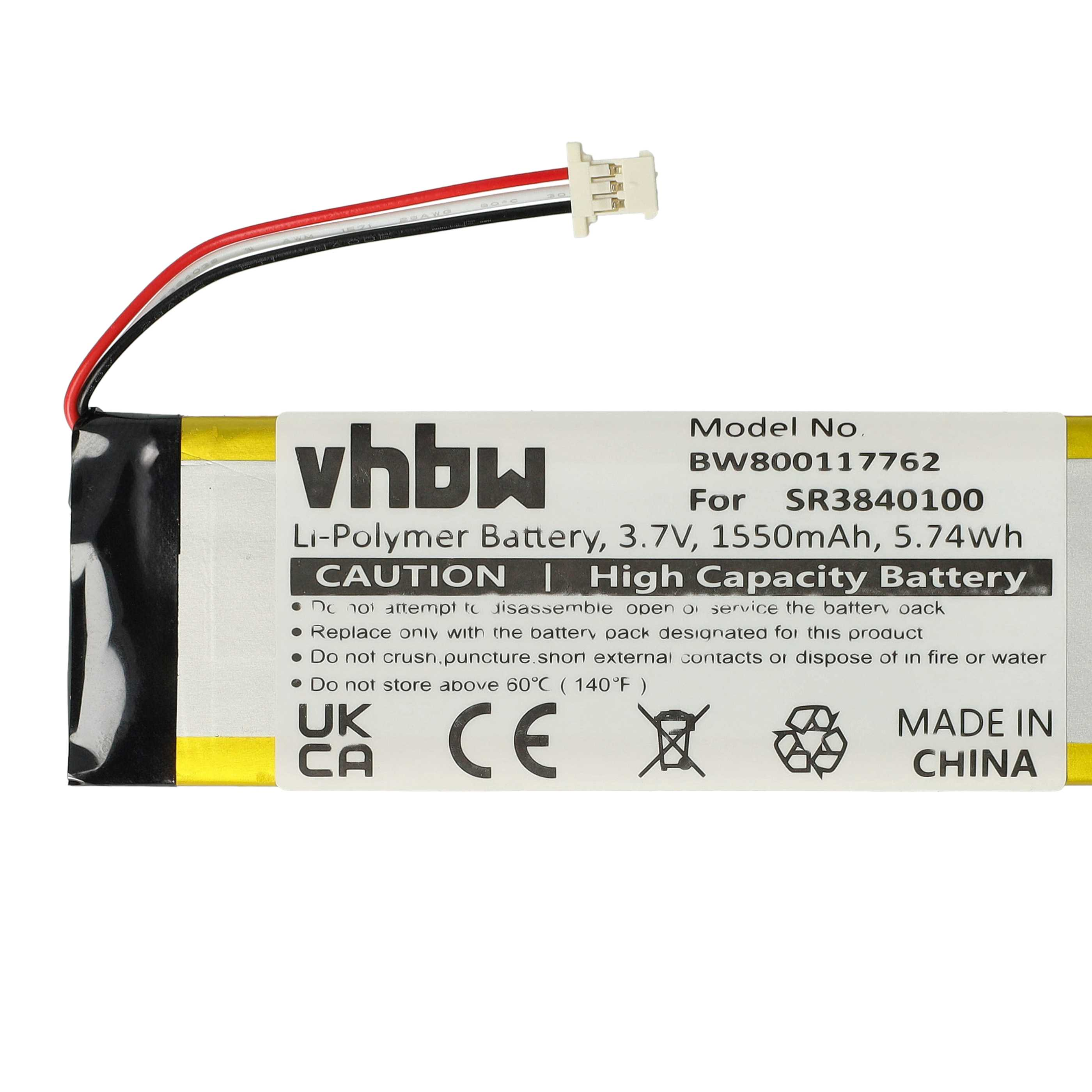 Ein Akku mit Drähten und Stecker. Das Etikett zeigt Spezifikationen, Vorsichtshinweise und eine 'Made in China'-Marke.