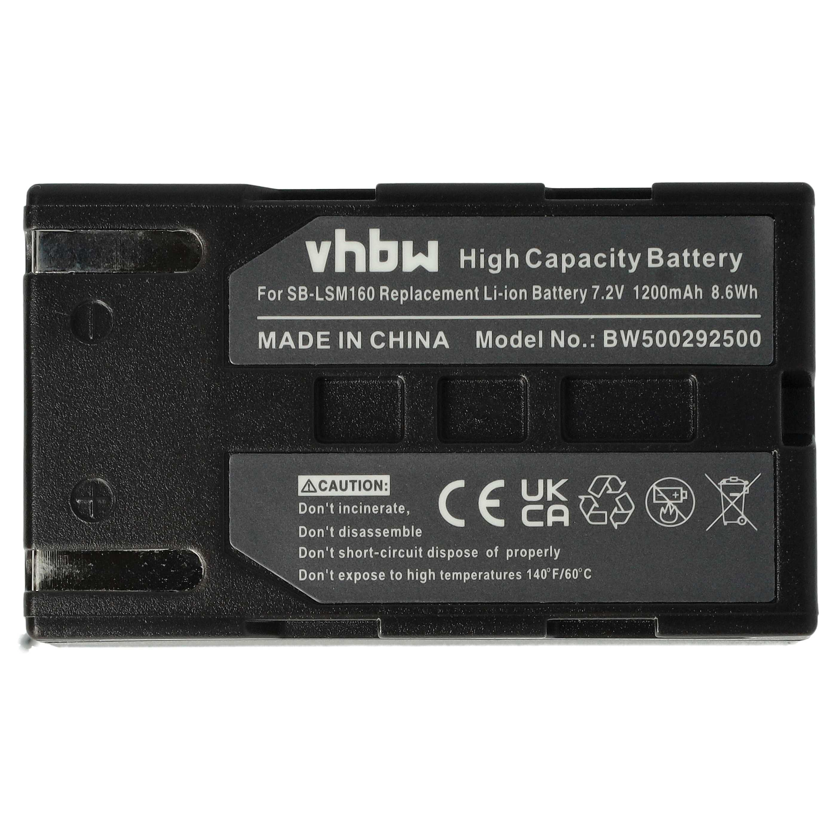 Schwarzer Akku mit weißem Text. Es steht vhbw High Capacity Battery, Made in China, mit Sicherheitshinweisen und Symbolen.
