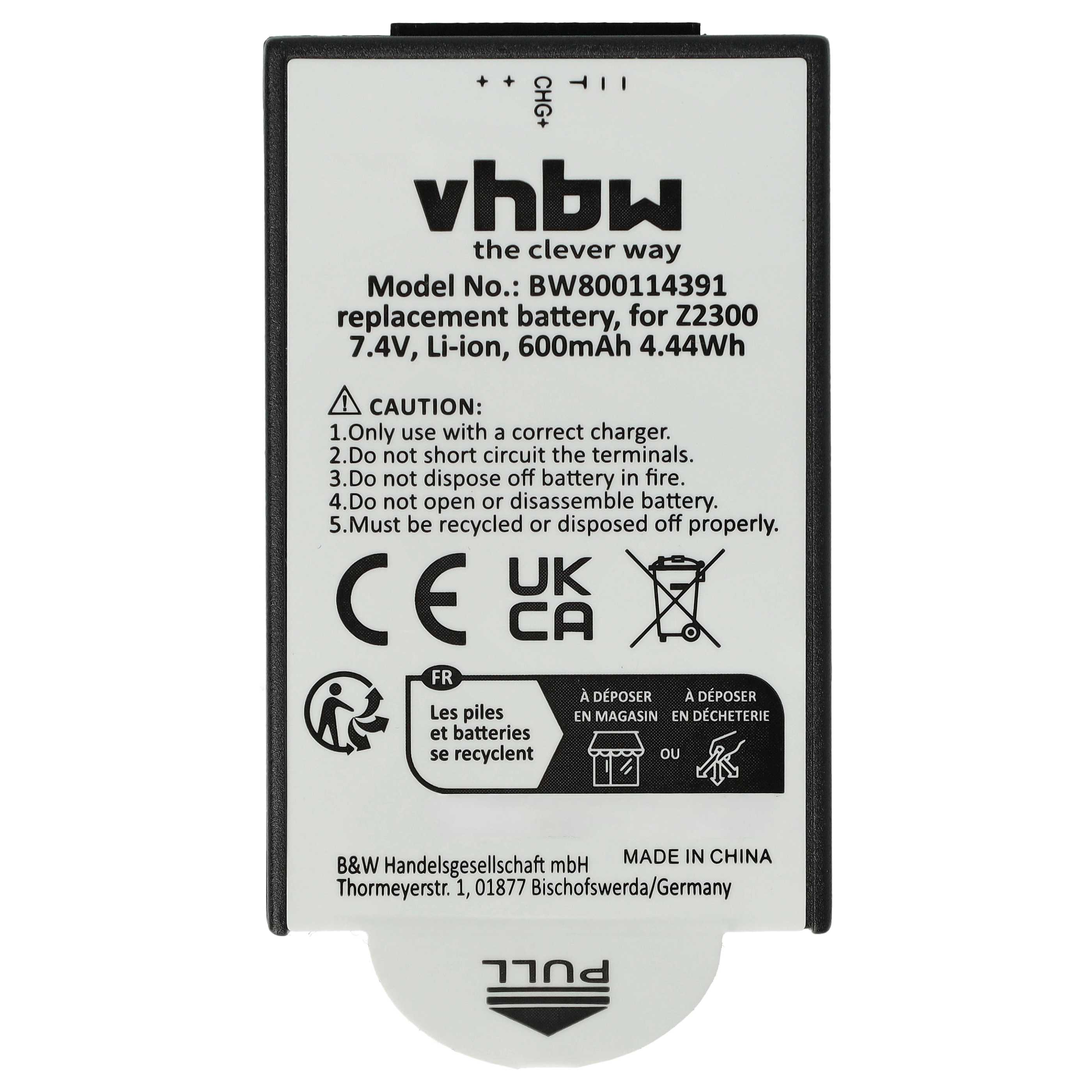 Ein rechteckiges Batterieetikett mit Text, einschließlich 'vhbw', Warnhinweisen und Recycling-Symbolen. Es ist weiß mit schwarzem Text und Rand.