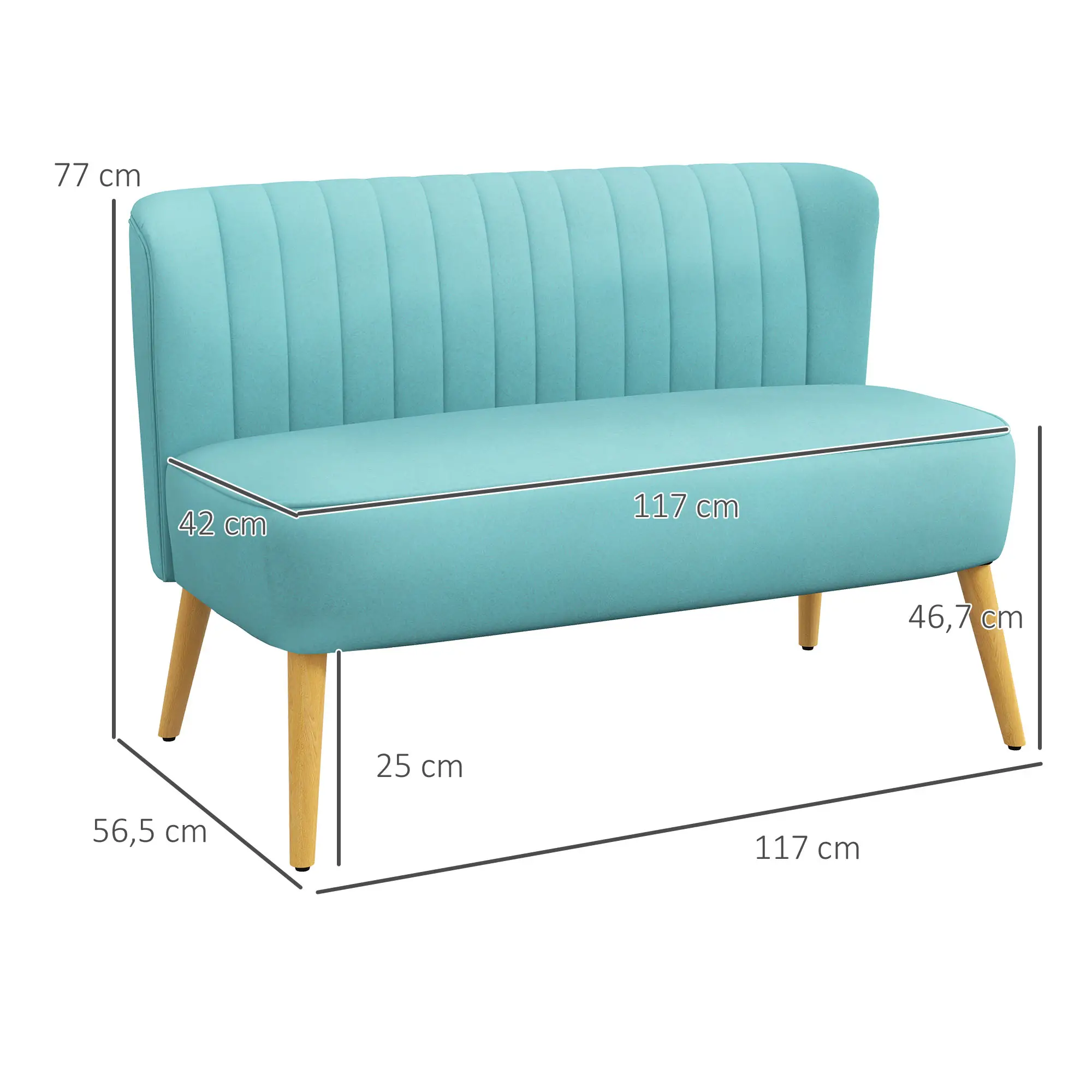 Türkisfarbenes Sofa mit Holzbeinen. Abmessungen: 117 cm breit, 77 cm hoch, 56,5 cm tief und 42 cm Sitztiefe.