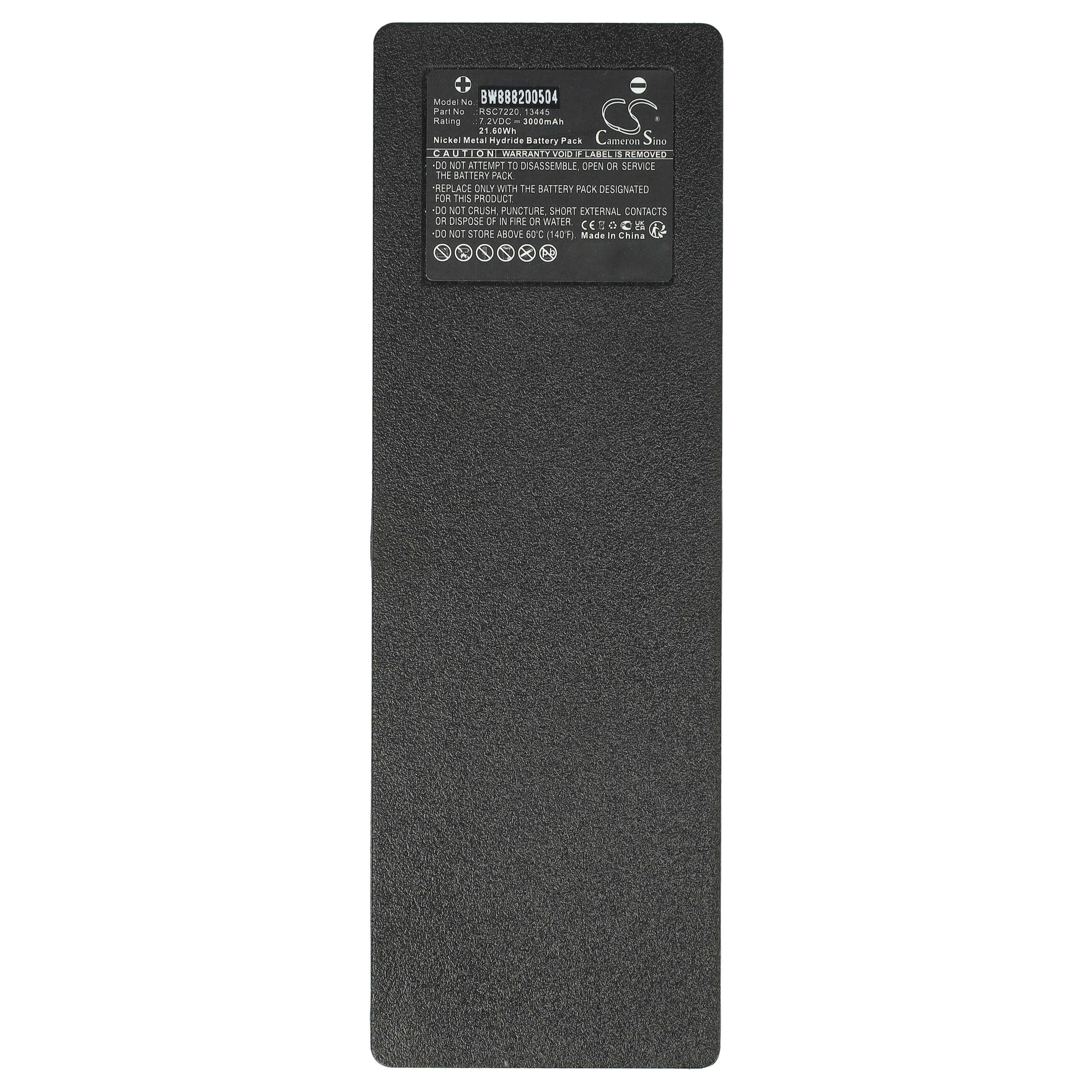 Ein schwarzes Akkupack mit Text und Etiketten. Enthält Warnhinweise und technische Daten. Hergestellt in China.