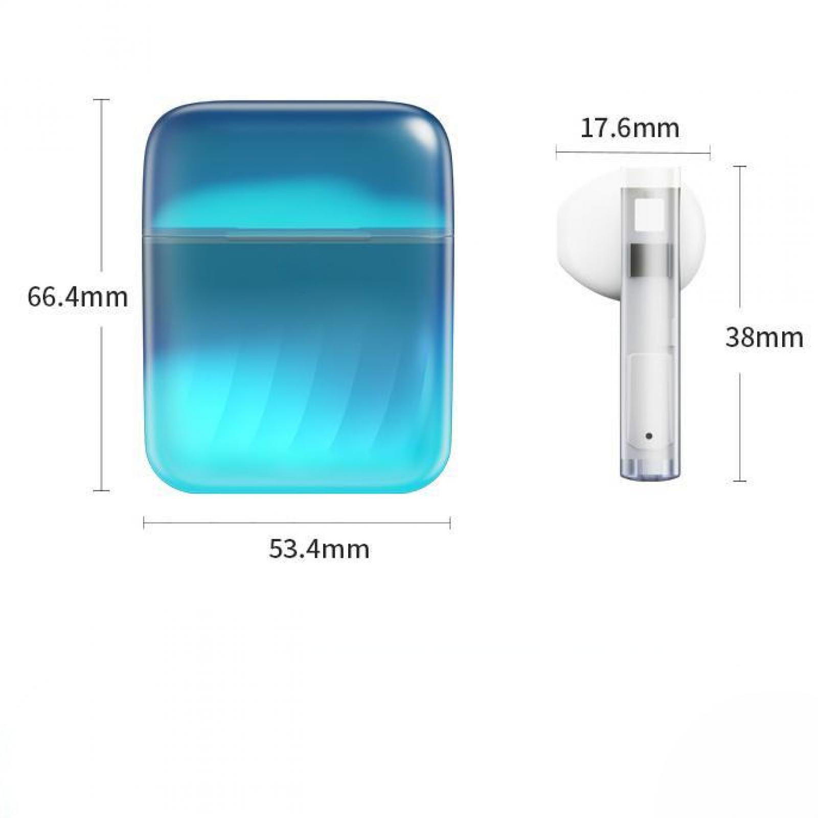 Das Bild zeigt ein blaues Gehäuse mit Abmessungen und einen Ohrhörer mit Abmessungen. Das Gehäuse ist 66,4 mm x 53,4 mm groß. Der Ohrhörer ist 38 mm x 17,6 mm groß.