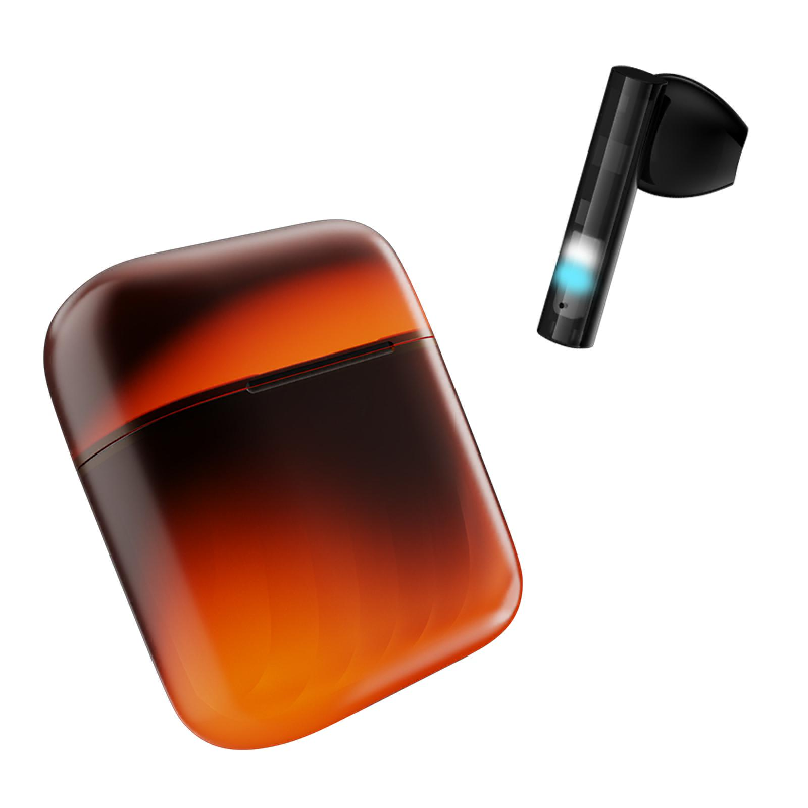 Ohrhörer und Ladecase, orange und schwarz verlaufende Farben. Ein Ohrhörer ist separat. Weißer Hintergrund.