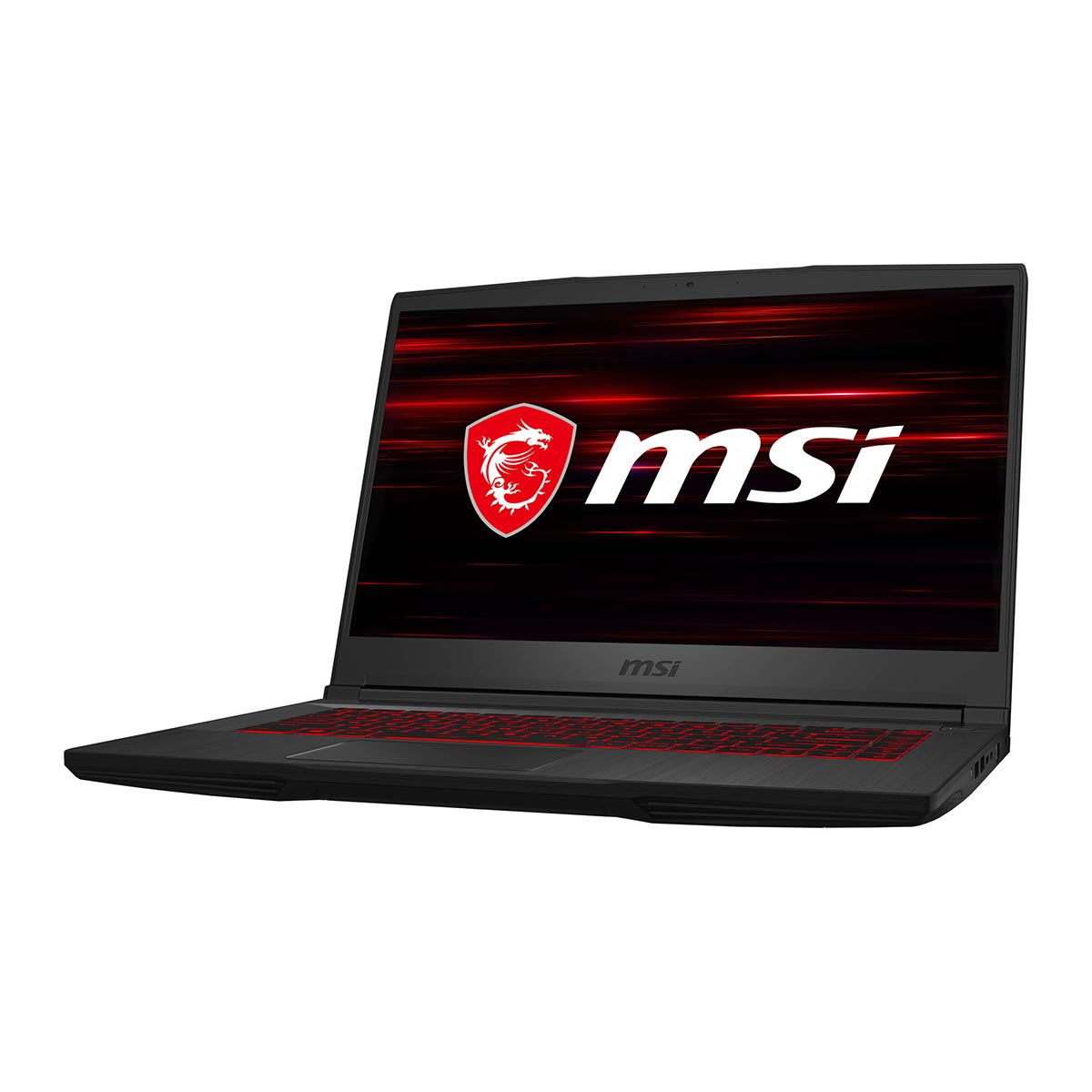 Czarny laptop MSI na białym tle. Ekran pokazuje logo MSI. Klawiatura ma czerwone podświetlenie. Laptop jest otwarty.