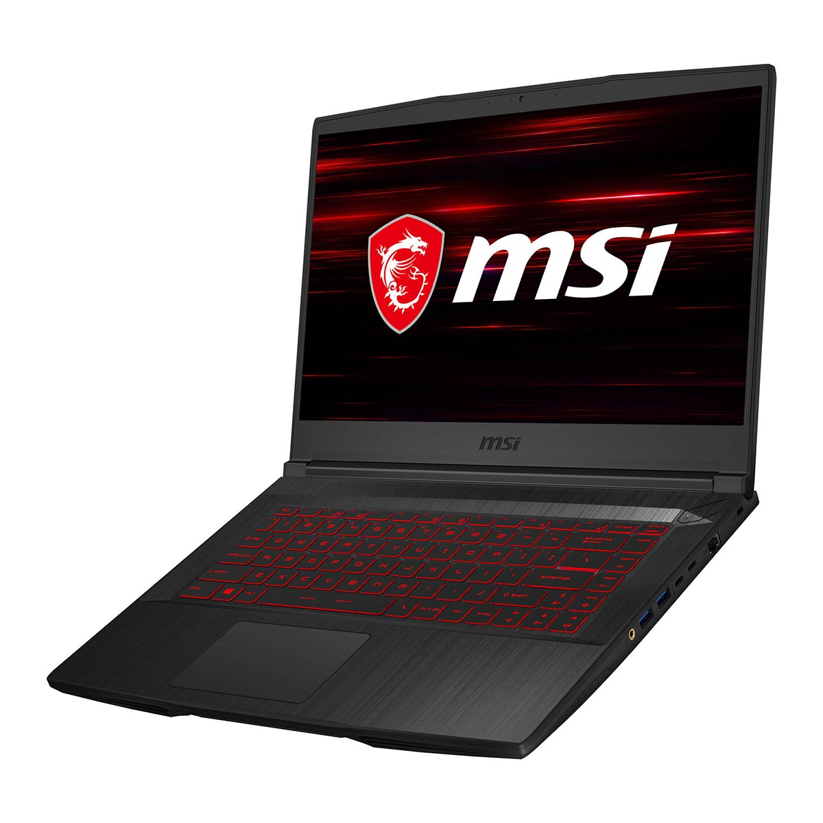 Czarny laptop MSI z czerwono podświetlaną klawiaturą. Ekran wyświetla czerwono-czarny wzór z logo MSI.