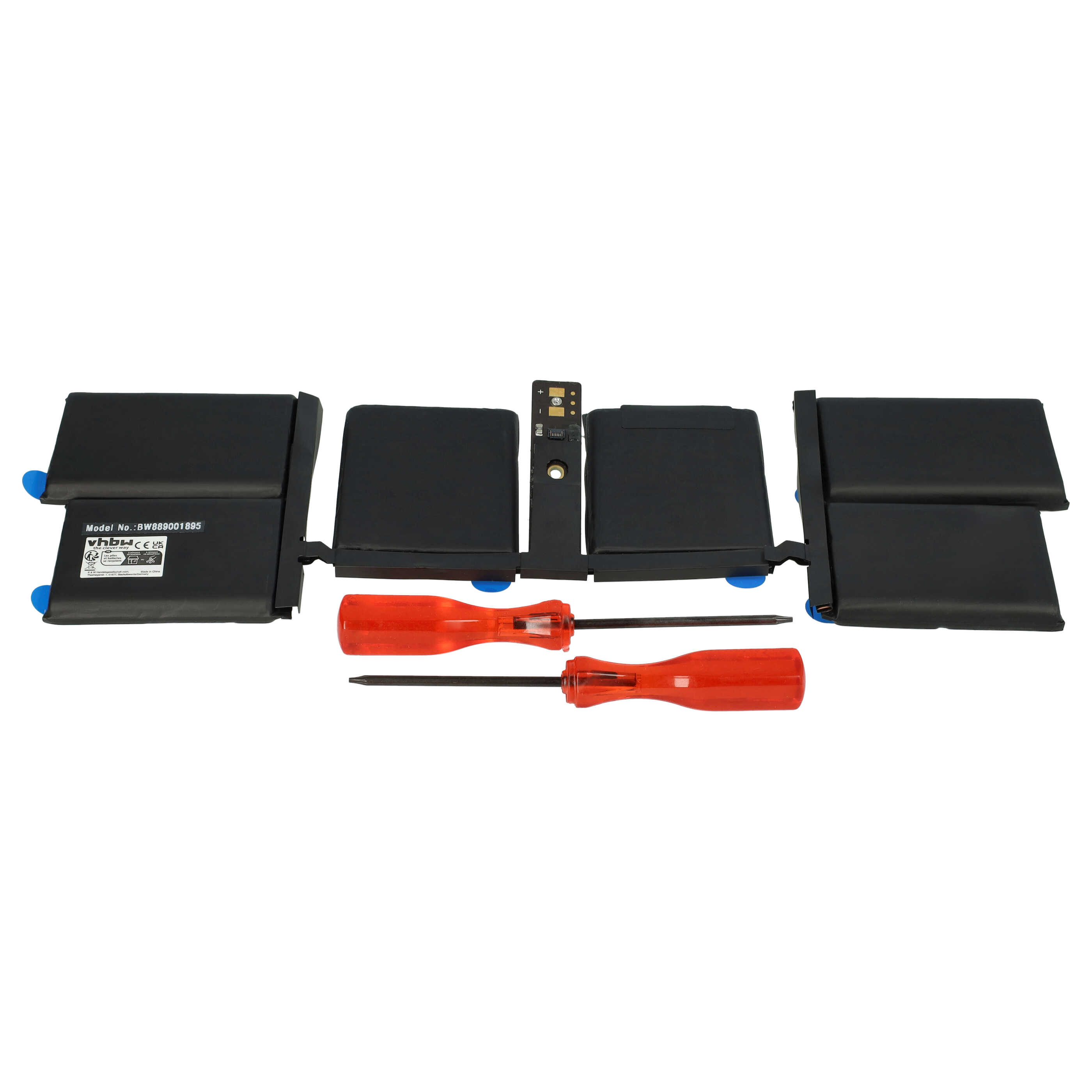 Laptop-Akku mit schwarzen Komponenten und zwei roten Schraubendrehern. Die Batterieteile sind auf weißem Hintergrund angeordnet.