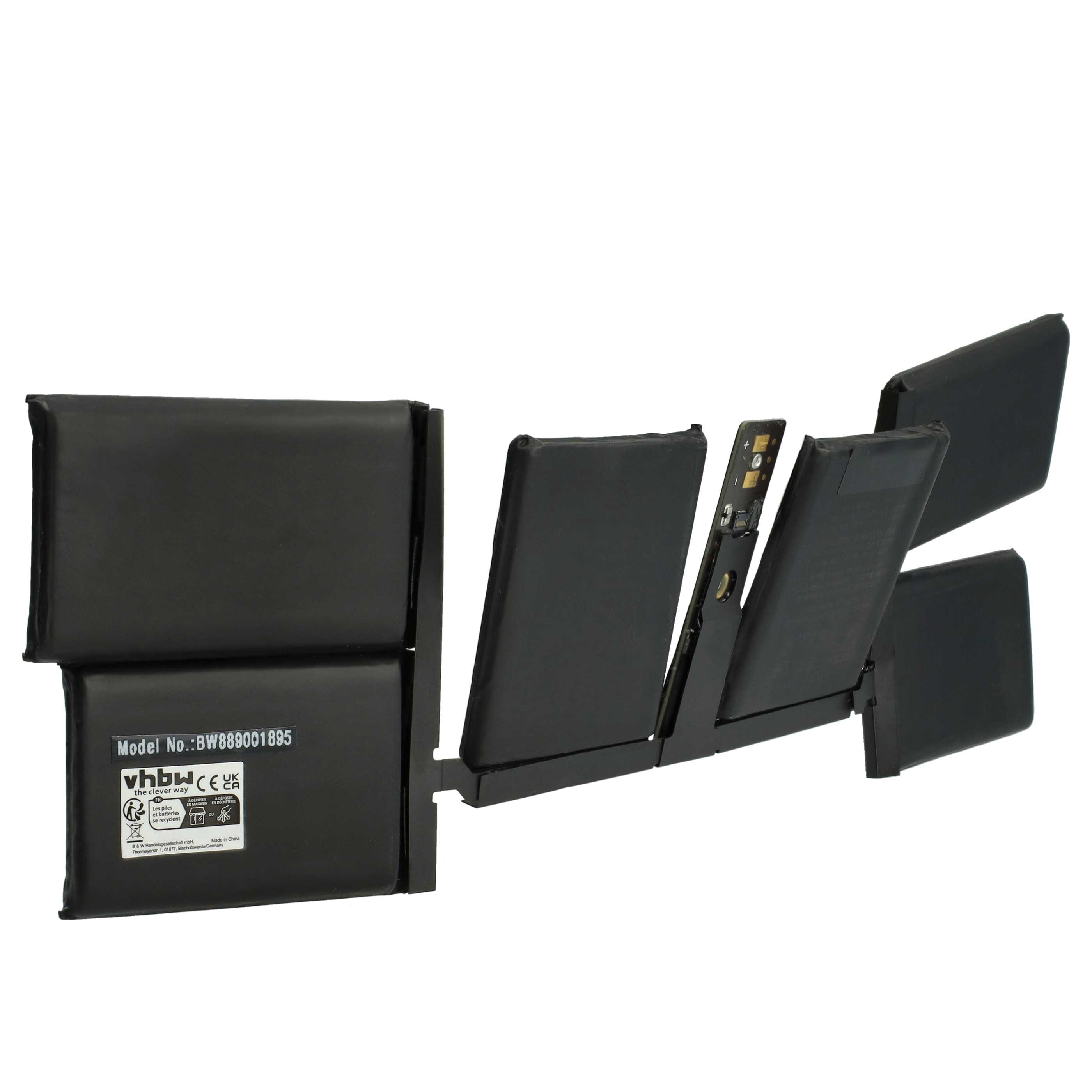 Ein schwarzer Laptop-Akkupack. Es hat ein Etikett mit Modellnummer und regulatorischen Symbolen. Teile sind durch einen Metallrahmen verbunden.