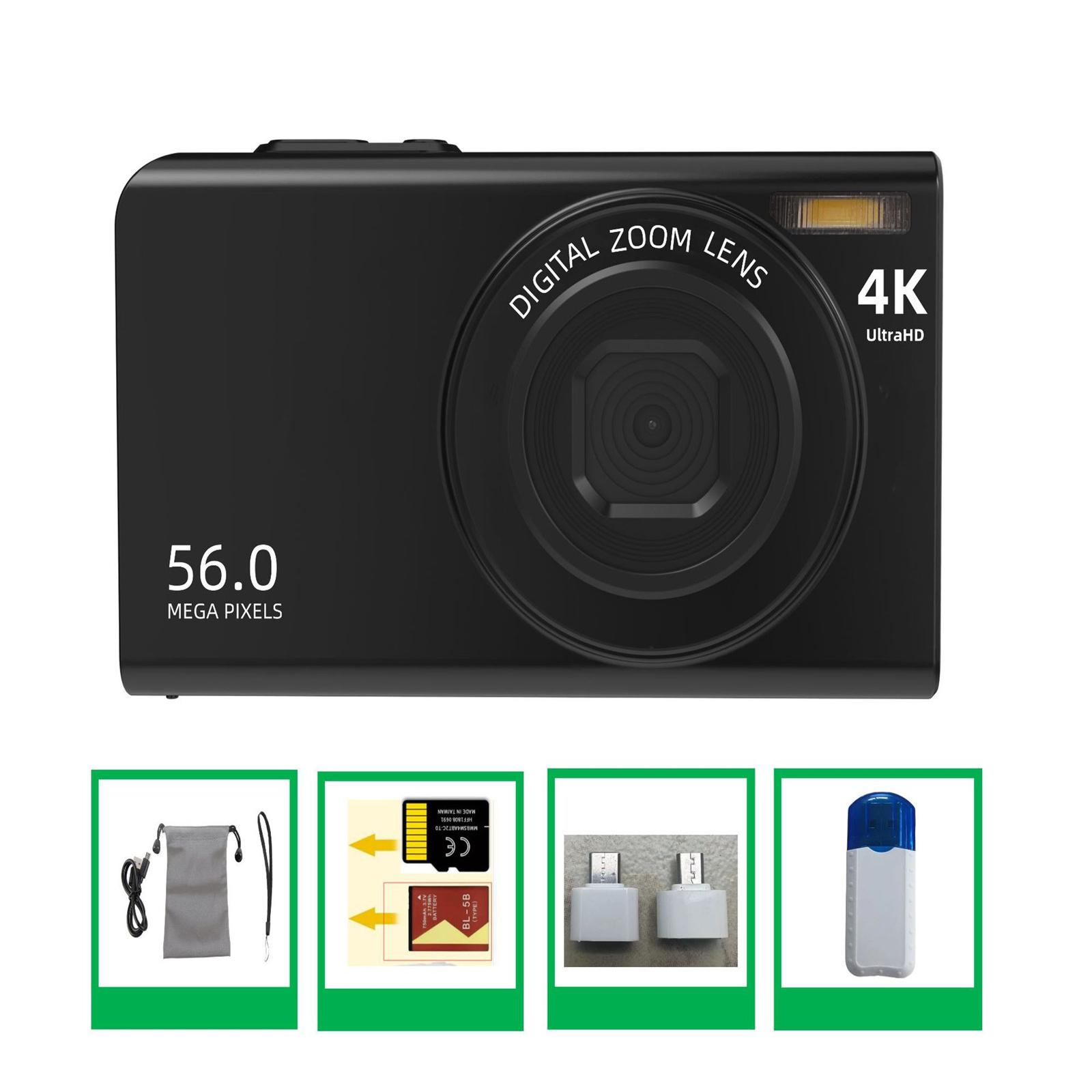 Schwarze Digitalkamera mit 56,0 Megapixeln und 4K UltraHD. Zubehör: Kabel, Beutel, Speicherkarte, Adapter und USB-Stick.