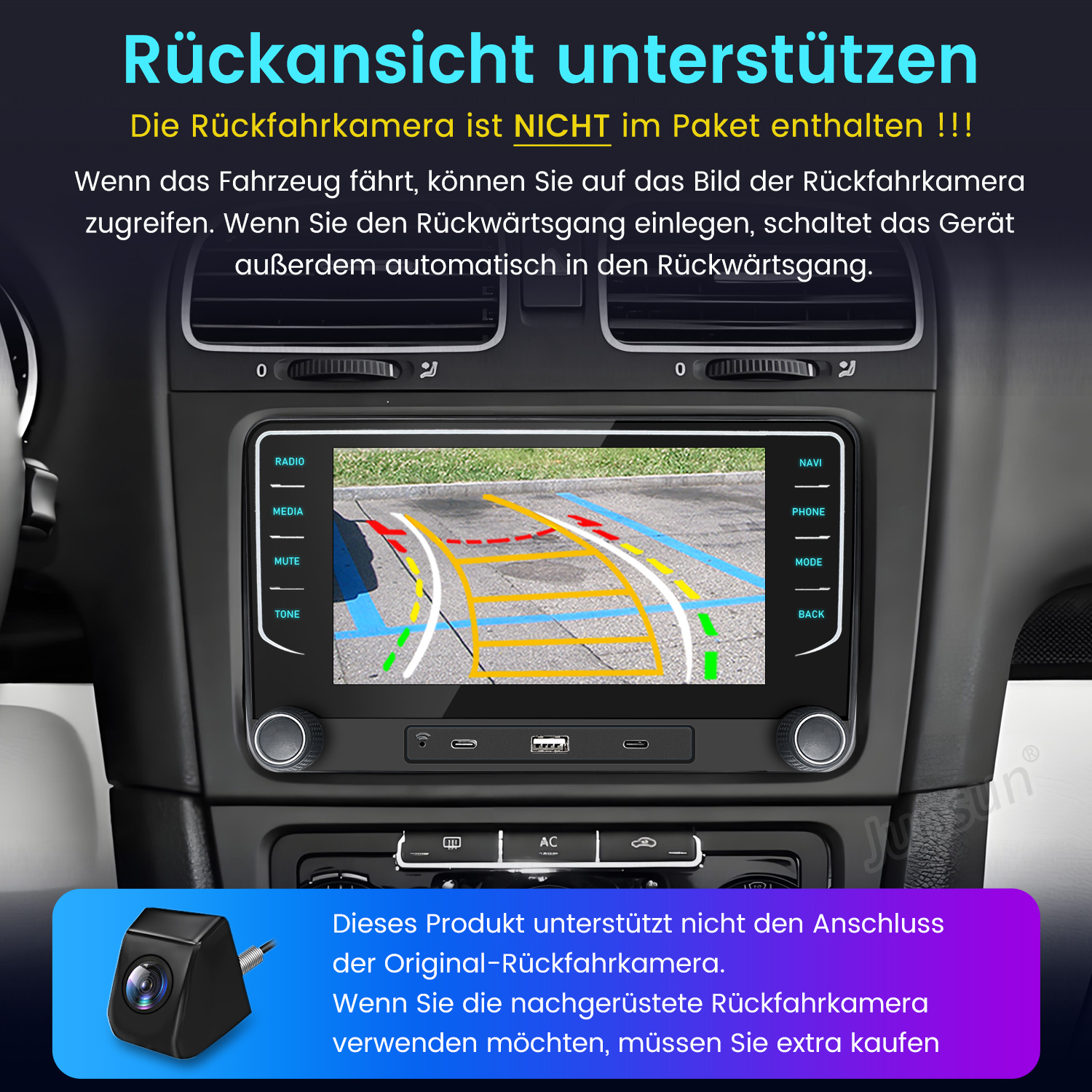 Autointerieur mit Bildschirm, der eine Rückfahrkamerabild anzeigt. Eine Kamera wird unten mit deutschem Text zum Produkt angezeigt.