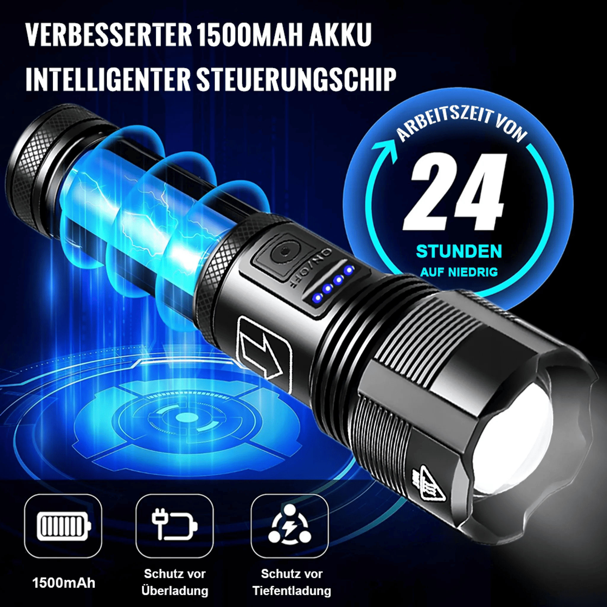 Schwarze Taschenlampe mit blauem Energieeffekt, 1500mAh Akku. Merkmale: Ein/Aus, Ladeanzeige und 24 Stunden Laufzeit.