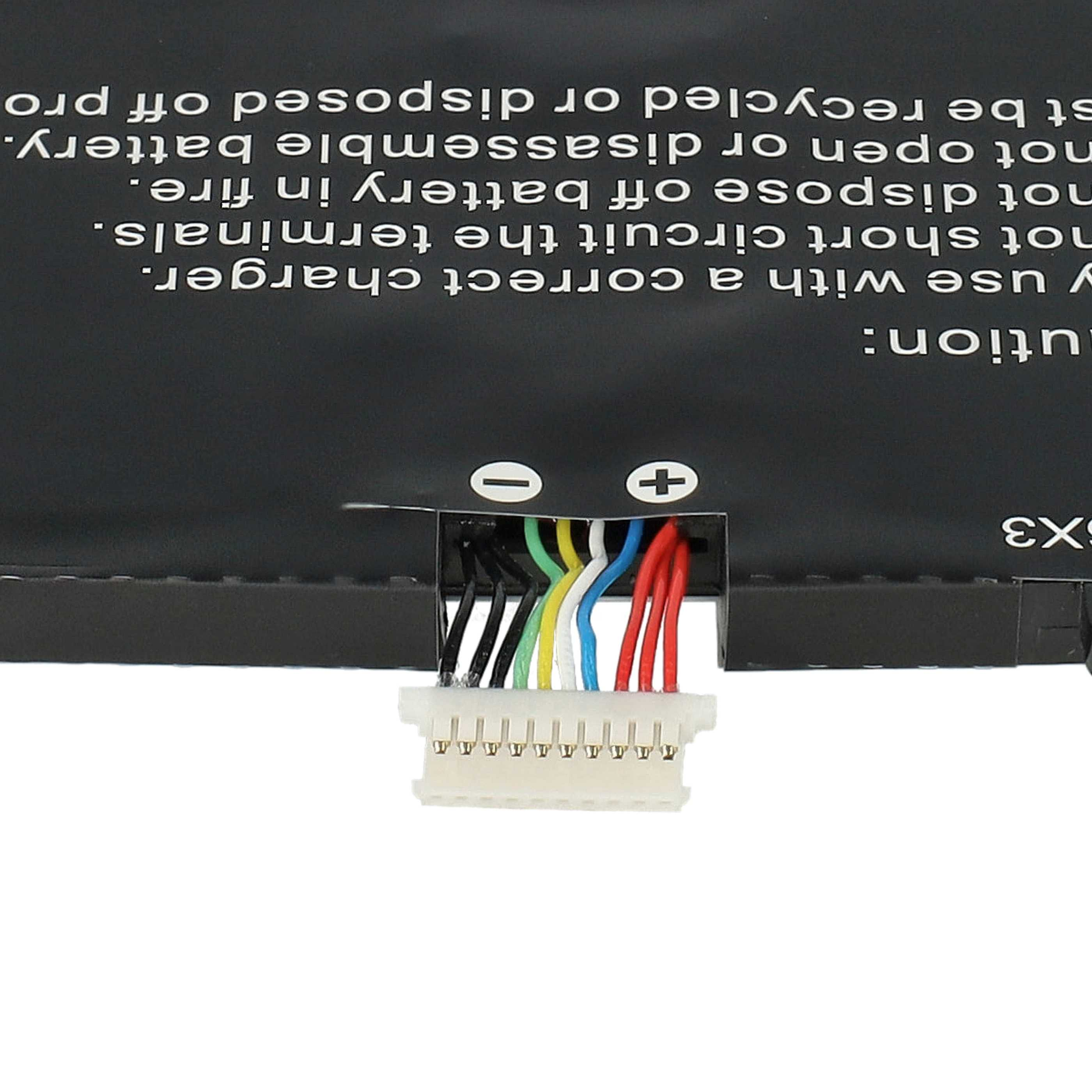 Ein Batterieanschluss mit mehrfarbigen Drähten vor schwarzem Hintergrund mit Warnhinweis.