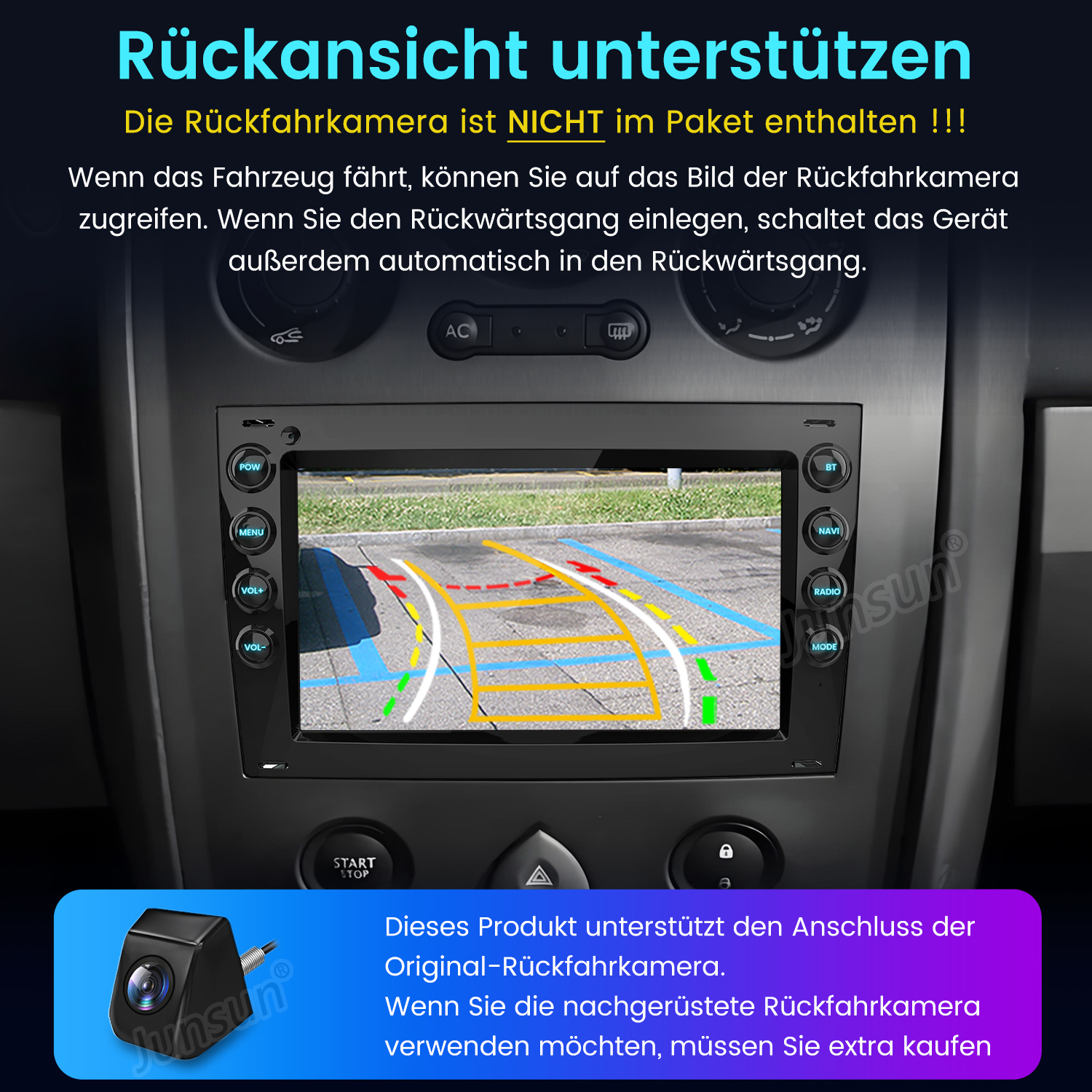 Armaturenbrett mit Rückfahrkameraansicht. Text erklärt Kamerafunktionen auf Deutsch und erwähnt, dass sie nicht enthalten ist.