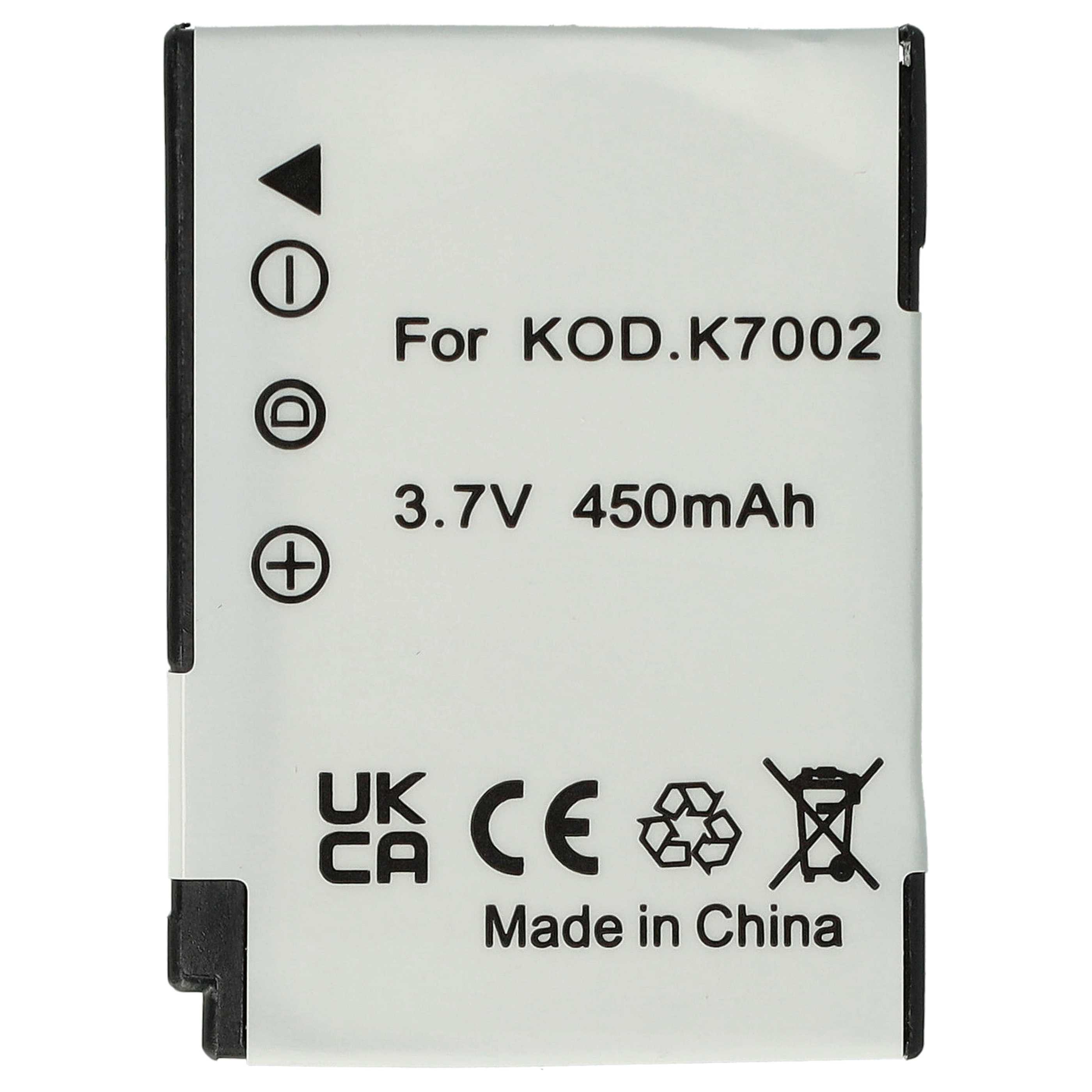 Ein weißer Akku mit schwarzem Text und Symbolen. Er lautet: Für KOD.K7002, 3,7 V 450 mAh, Made in China.