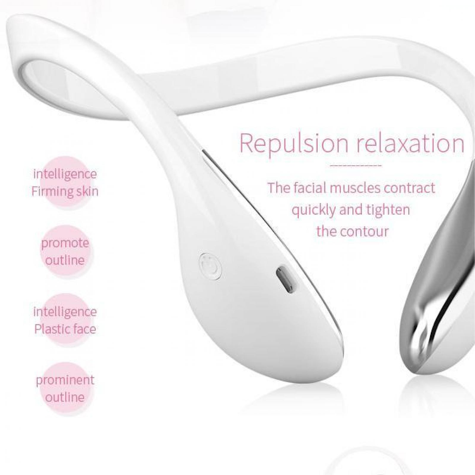 Ein weißes Schönheitsgerät mit geschwungenem Design, beschriftet mit Text: 'Repulsion relaxation', 'intelligence' und 'Firming skin'.