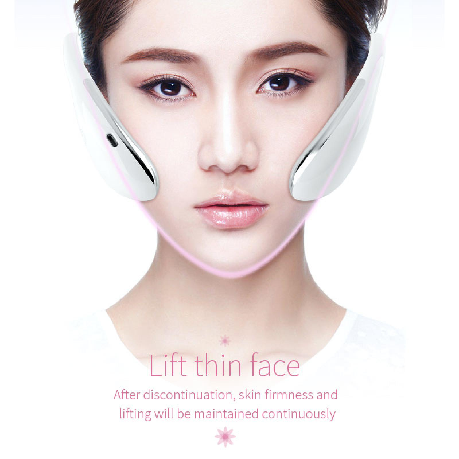 Das Gesicht einer Frau mit Geräten auf den Wangen, eine rosa Linie, die die Gesichtskontur anzeigt, und der Text "Lift thin face".
