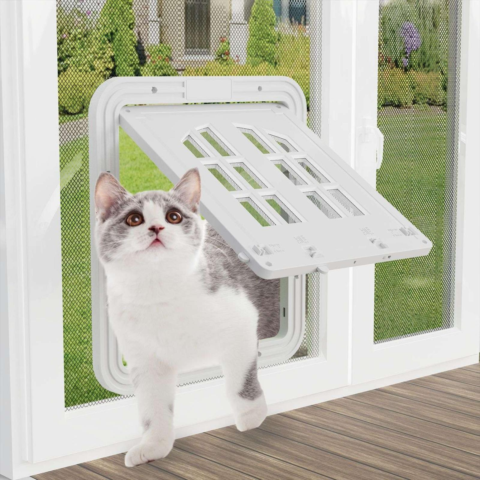 Eine Katze blickt aus einem Fenster mit einer Katzentür. Die Katze ist grau und weiß. Der Hintergrund zeigt Rasen und ein Haus.
