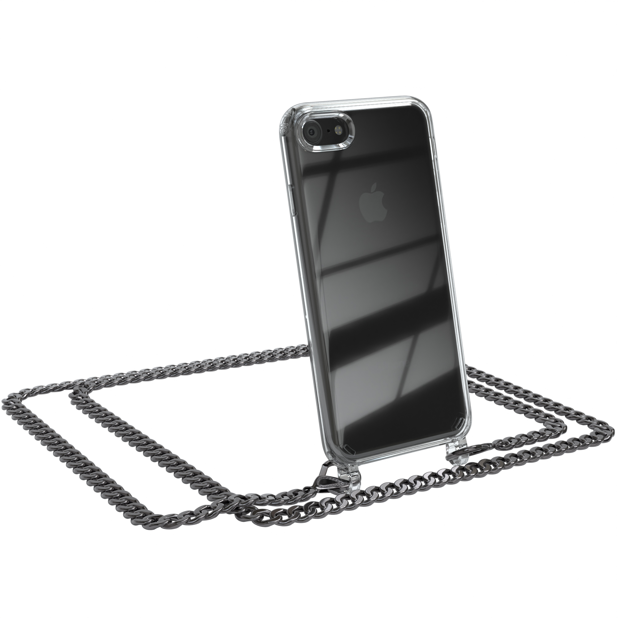 Eine transparente Handyhülle mit Apple-Logo ist an einer dunklen Metallkette befestigt. Das Telefon ist abgewinkelt, der Hintergrund ist weiß.