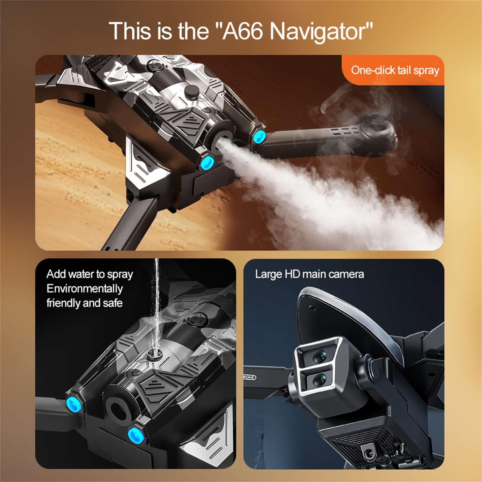 Eine A66 Navigator Drohne mit Wassersprüher. Sie hat eine große HD-Kamera und ist umweltfreundlich. Es hat auch eine One-Click-Hecksprühfunktion.