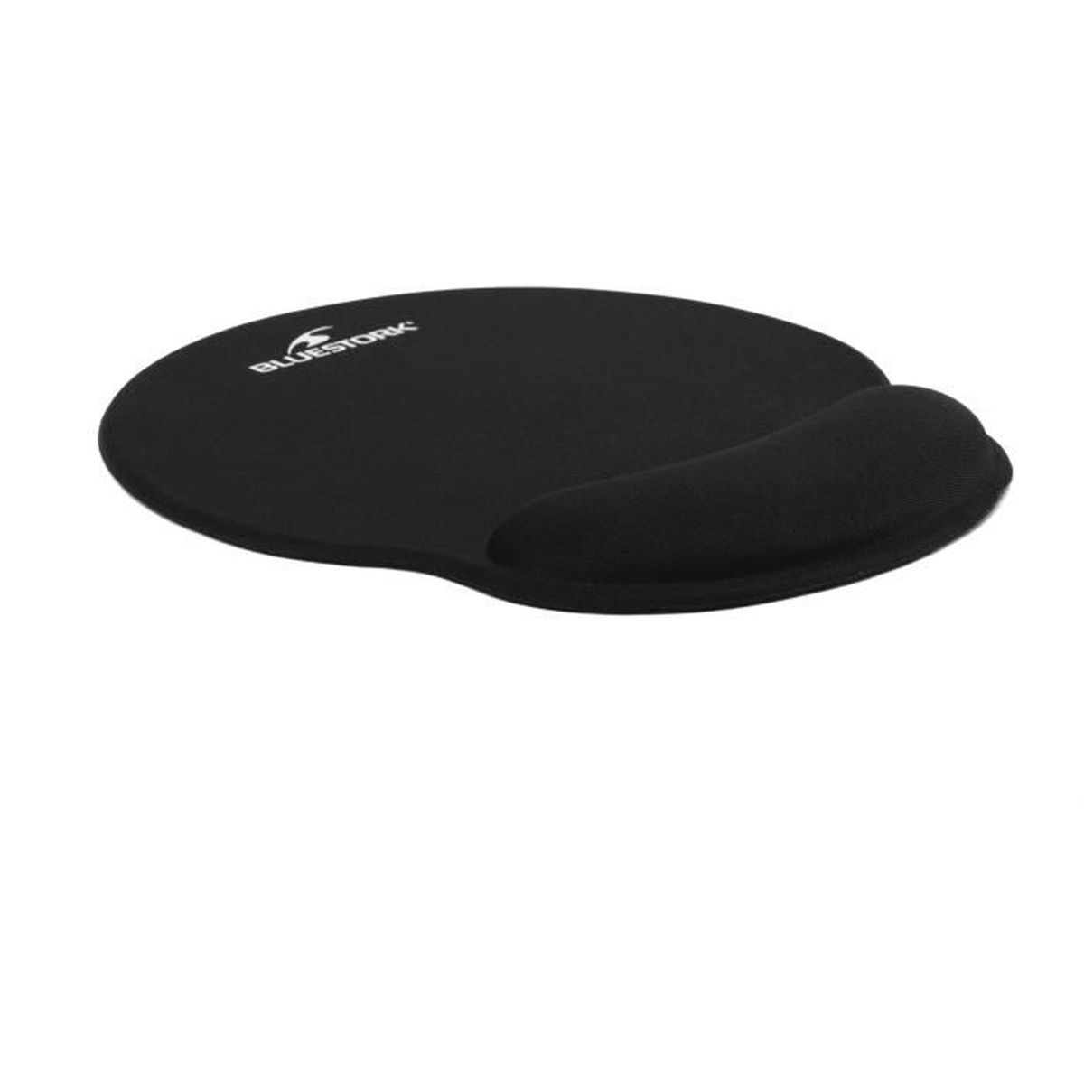 Ein schwarzes ergonomisches Mauspapier mit Handgelenkauflage auf weißem Hintergrund. Der Markenname 'BlueStork' ist auf dem Pad aufgedruckt.