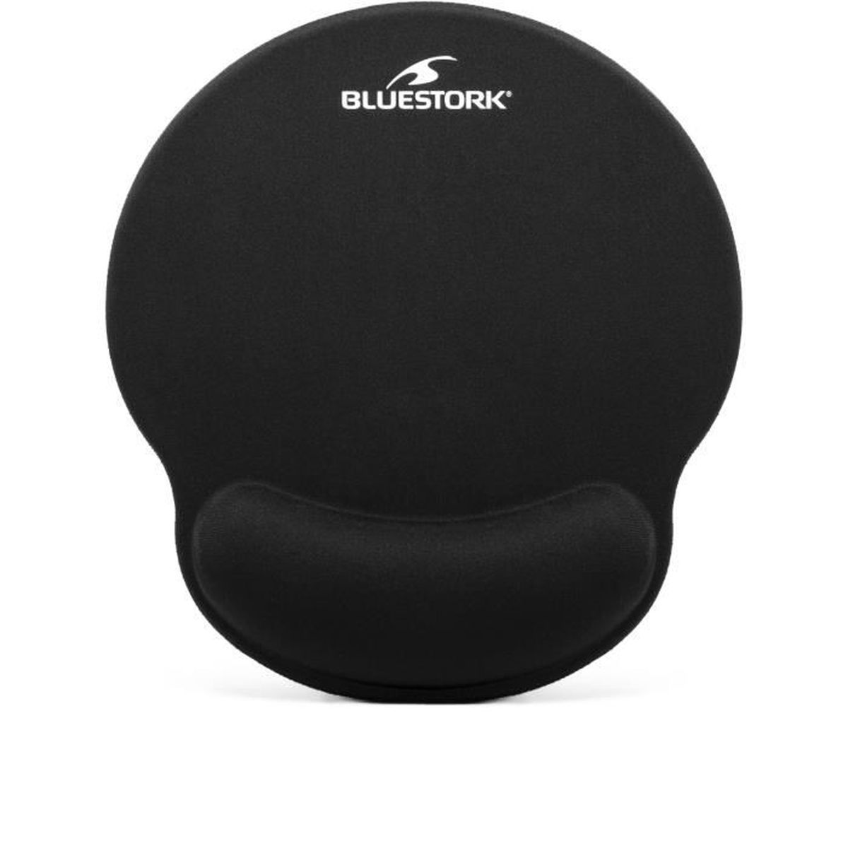 Ein schwarzes ergonomisches Mausp Pad mit Handgelenkauflage. Der Markenname BlueStork ist oben aufgedruckt.