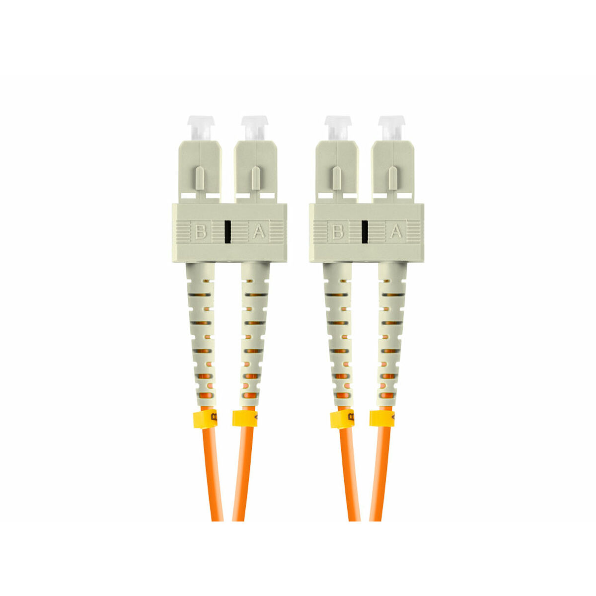 Due connettori in fibra ottica beige con cavi arancioni. Ogni connettore ha le etichette 'A' e 'B'. Sfondo bianco.