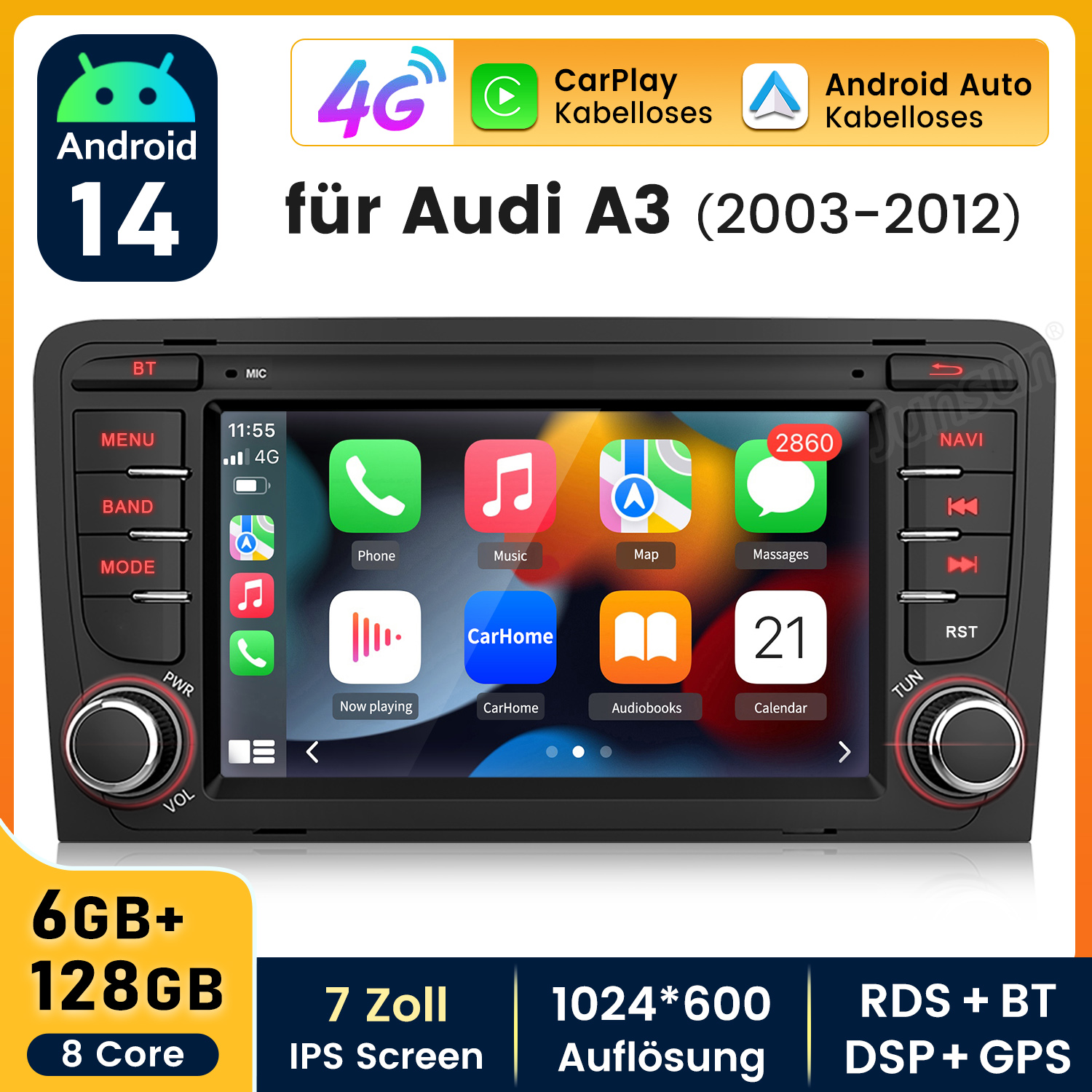 Autoradio für Audi A3, Android 14, 7-Zoll-Bildschirm, 6 GB+128 GB, verschiedene App-Symbole auf dem Display.